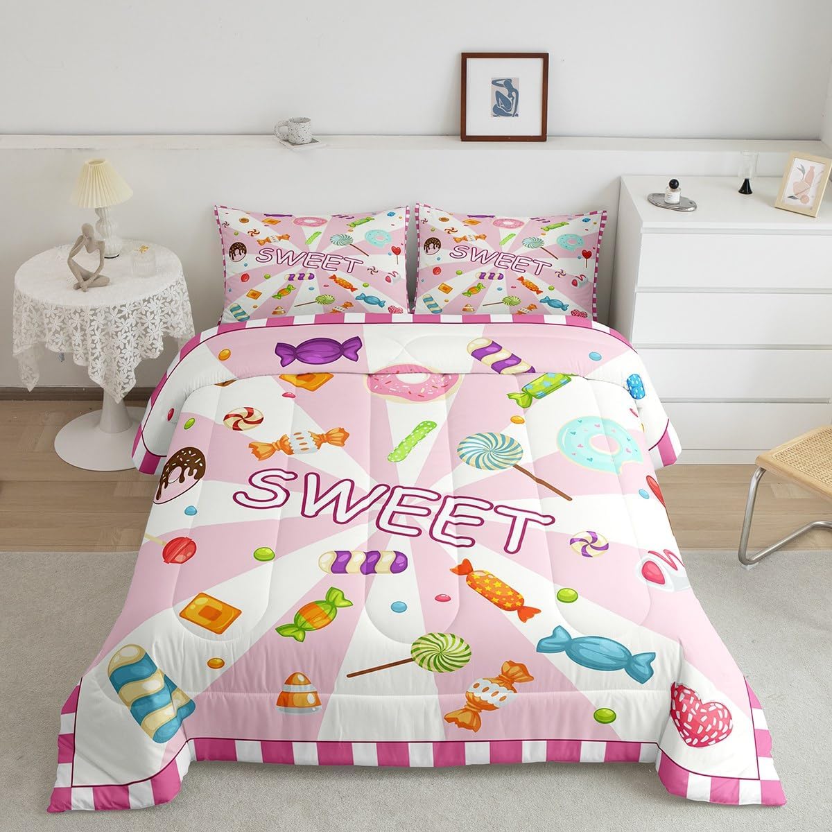 Castle Fairy Sweet Candy Comforter Twin,Watercolor Cartoon Doughnut Lollipops Quilt Comforter with 1 Pillowcase Super Soft,Abstract Patchwork Bedding Set Comfortable,Soft and Breathable