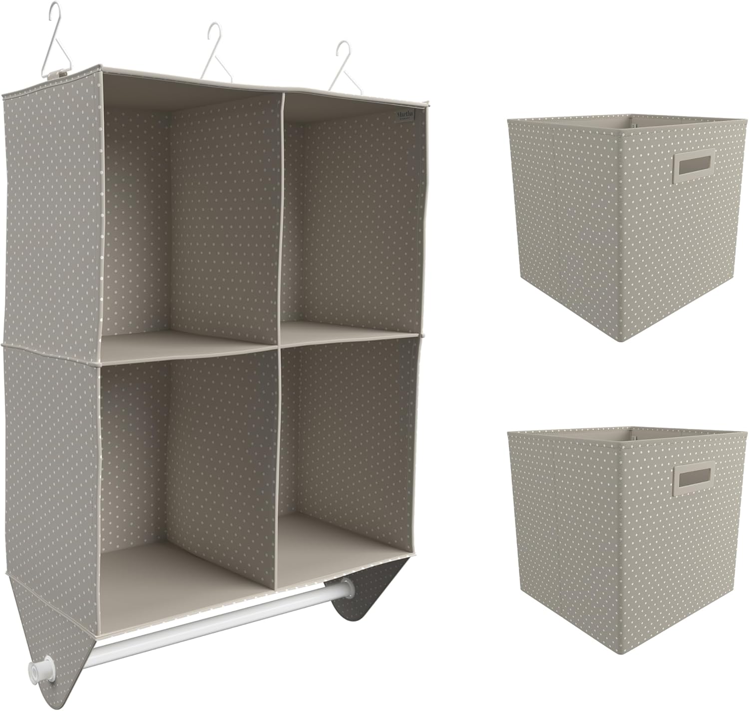 Martha Stewart Essential Closet Home Storage and Organization for Storing Sweaters, Blankets, Handbags, Hanging Shirts Accessories, 4-Shelf Hanging Organizer with 2 Craft Cubes, Cottage Dot
