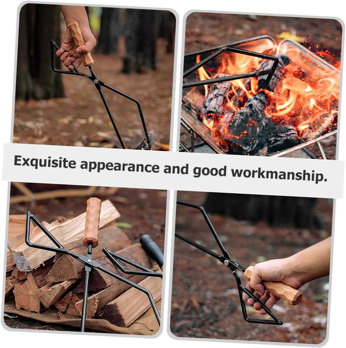 NUOBESTY Metal Charcoal Tongs Beech Wood Handle for Outdoor Camping Bbq, Fire Pit Tools for Grilling and Fireplace, Sturdy Barbecue Tong Accessory