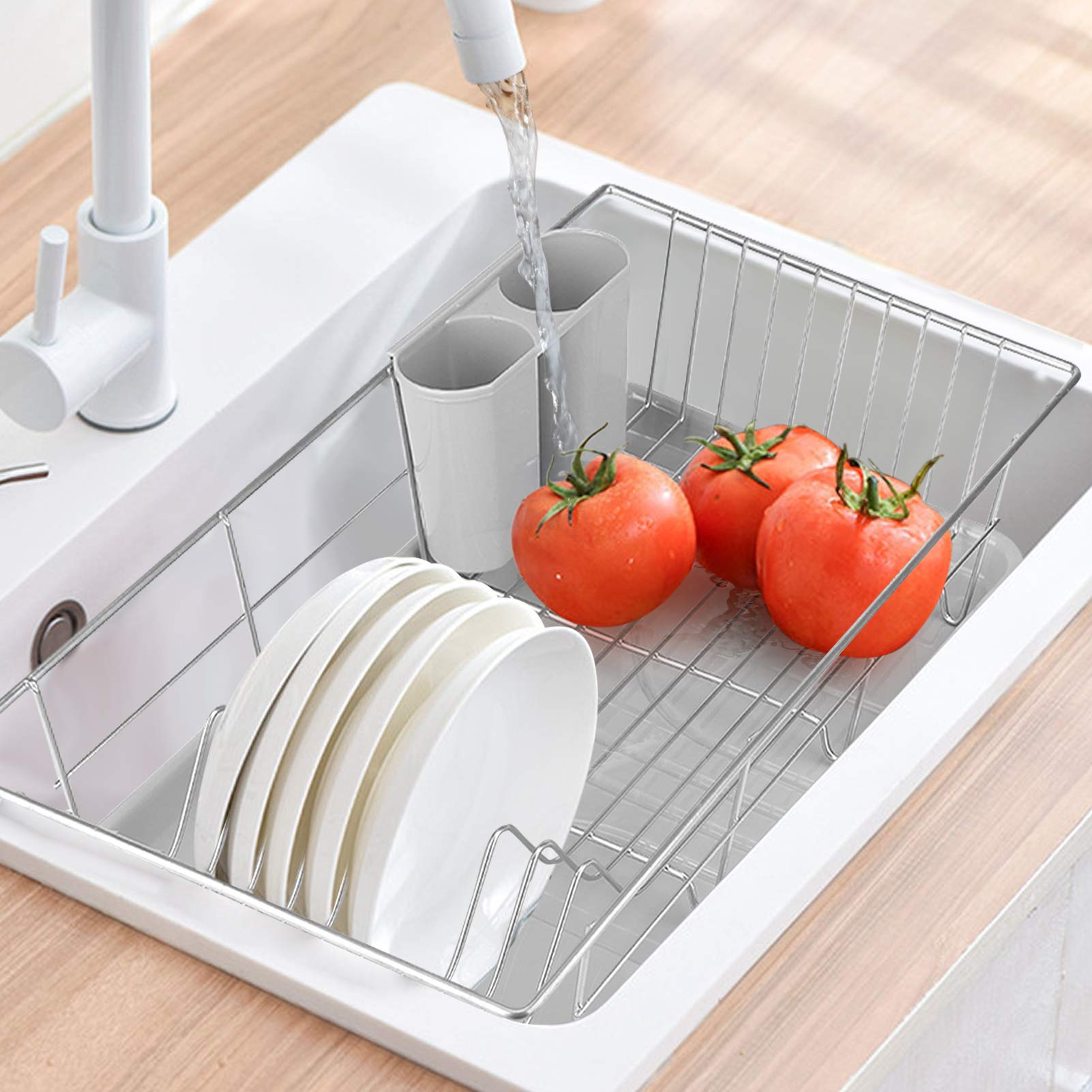 Escurridor de platos antioxidante con bandeja de goteo extraíble, escurridor de platos de cocina, 48 x 30 x 11 cm, soporte para platos, estante de drenaje que ahorra espacio para un fácil secado y