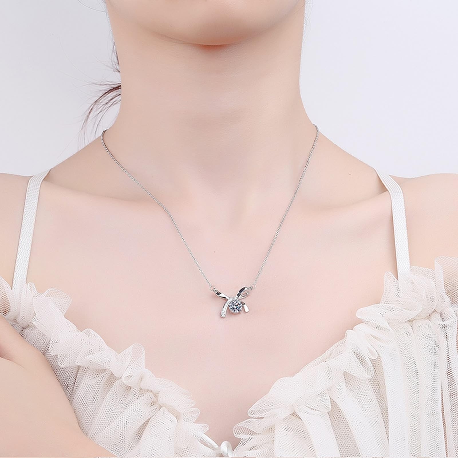 Naszyjnik damski z białego złota 18k/14k/9K, łańcuszek na szyję z zawieszką kokardką z diamentem laboratoryjnym, prawdziwa biżuteria, łańcuszek regulowany 40 + 5 cm