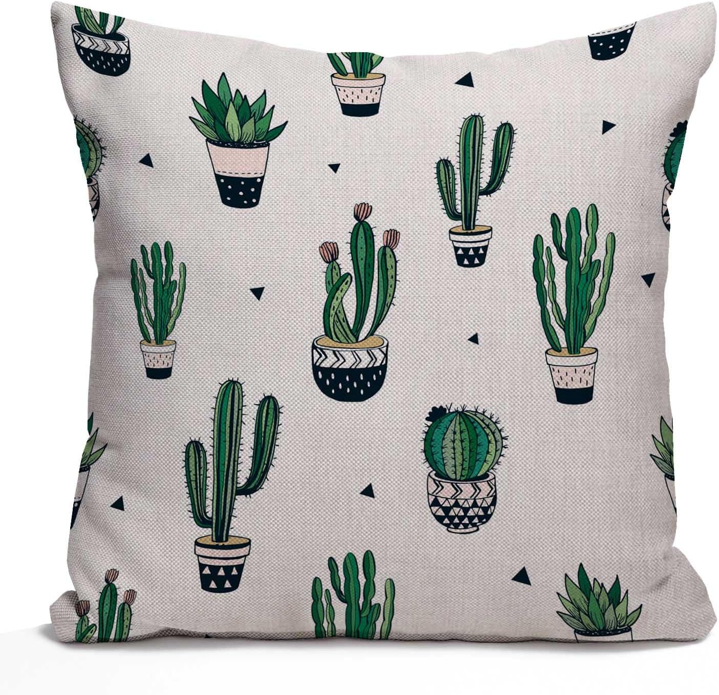 Nphuriy Cacti Throw Pillow Cover Decorative Pattern with Cactus and Succulents Flowerpot Trendy Design Square Pillow Case Cushion Cover for Home Car Kitchen Decorative Cotton Linen 16x16 Inch