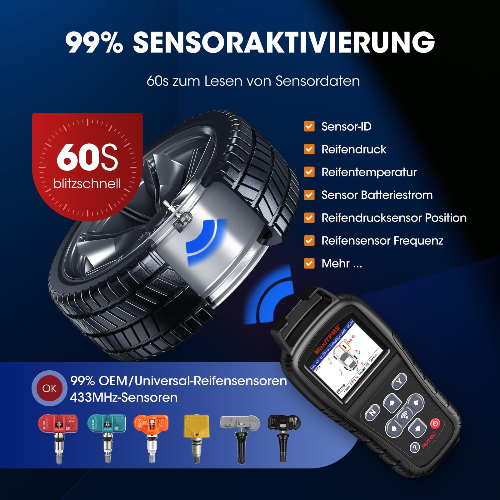 Autel MaxiTPMS TS408S RDKS Reifendruck-Kontrollsystem 2024 Reifendrucksensoren, TPMS Lernwerkzeug, Sensoraktivierung, TPMS Reset/Diagnose, Lesen/Löschen DTCs, Upgraded von TS408/401, Arbeit als TS501