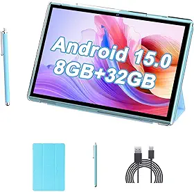Tablet de 10 polegadas com capa Stylus, tablets Android 15, 8 GB de RAM, 32 GB, suporte para expansão de 1 TB, tablet de 10 polegadas, inclui capa protetora para tablet, câmera dupla 5G WiFi-6