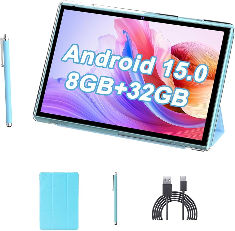 Tablet de 10 polegadas com capa Stylus, tablets Android 15, 8 GB de RAM, 32 GB, suporte para ROM, expansão de 1024 GB, câmera Tableta 2MP+ 8 MP WiFi-6 tablet de 10.1 polegadas, tela HD IPS de 10