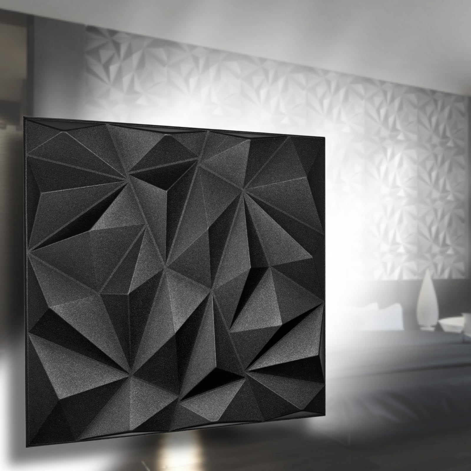 Eurodeco 3D Wandpaneele - 3D Wandverkleidung Paneele - Dekoren Deckenpaneele - Wanddeko Platten - Wandtattoos aus Polystyrol XPS Styropor - 50 x 50 cm, 3 mm Stärke, Zirkon Schwarz, 32 Stück (8m²)