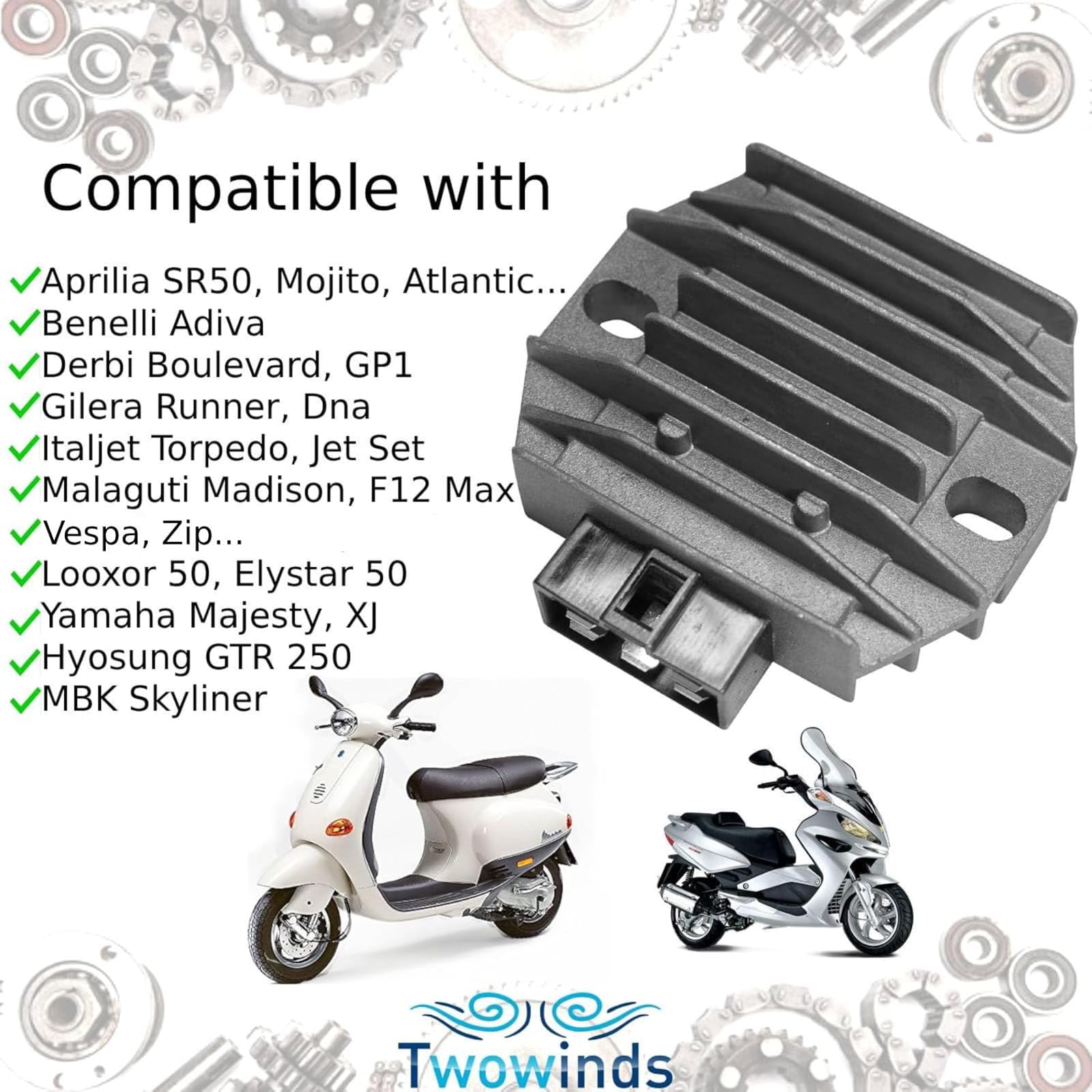 Twowinds - Regulador Corriente Moto SH640D-12 Compatible con Aprilia SR50, Atlantic, Vespa, Majesty, XJ, Elystar, Liberty, Fly, X8, X9, Looxor, Jet, Horce, Hyosung, GTR, Malagui, Madison