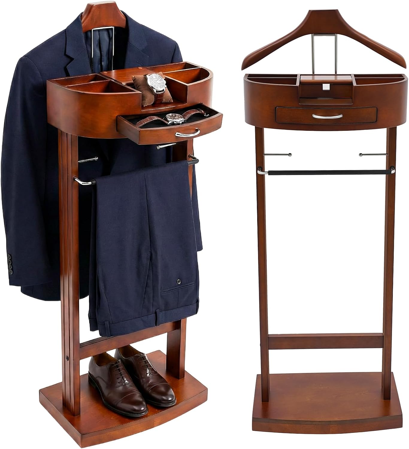 Suit Valet Stand for Men, Birch Wood Suit Rack Suit Stand - Walnut Brown