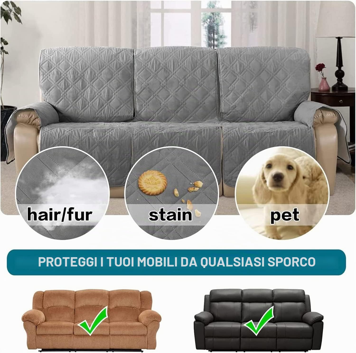 Copripoltrona Relax Reclinabile Impermeabile Copridivano Reclinabile, Copertura Salvadivano per Poltrona Antiscivolo Antivegetativa per Protezione Divano(Grigio Chiaro,3 posti)