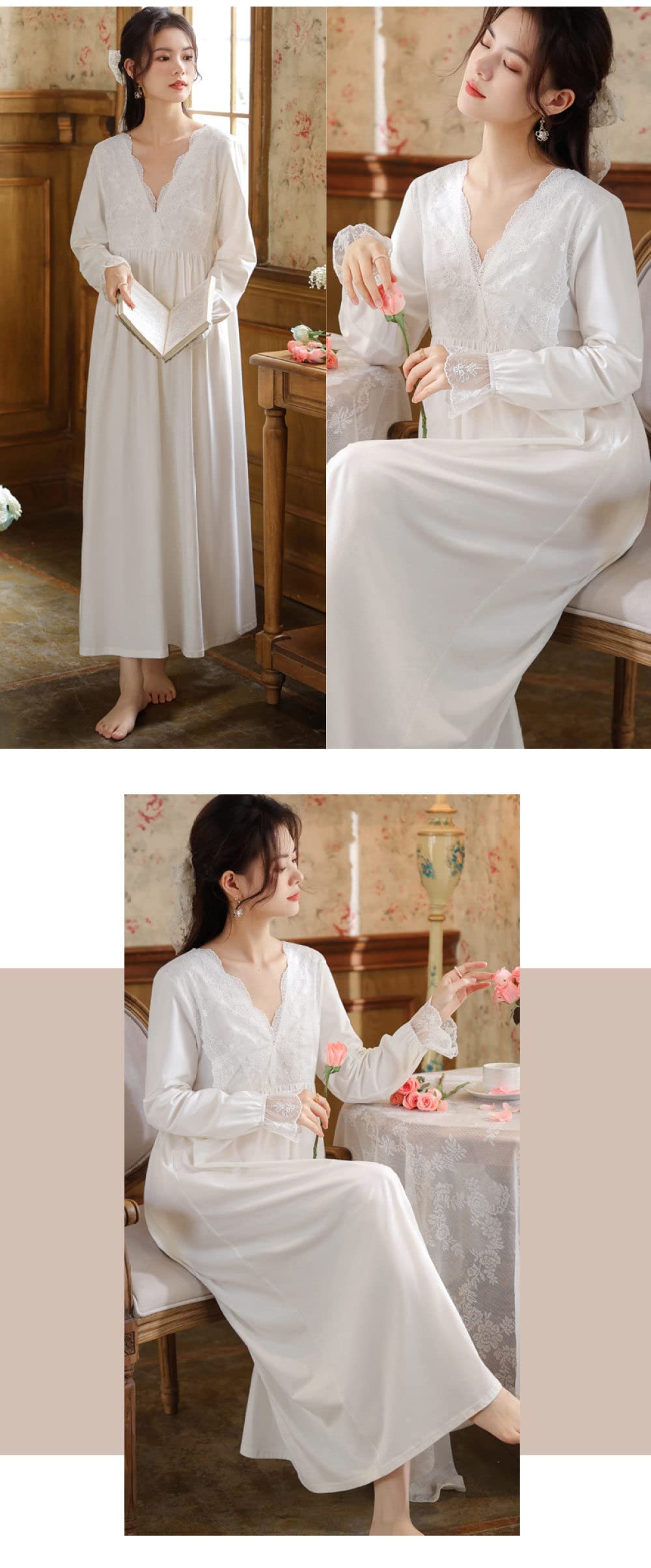 Nachtwäsche Damen,Damen-Nachthemden, Vintage-Weiß, V-Ausschnitt, Florale Spitzennähte, Elegantes Schlafhemd, Weiche, Bequeme, Lange Ärmel, Nachthemd, Nachtwäsche, Loungewear Für Damen, Mädche