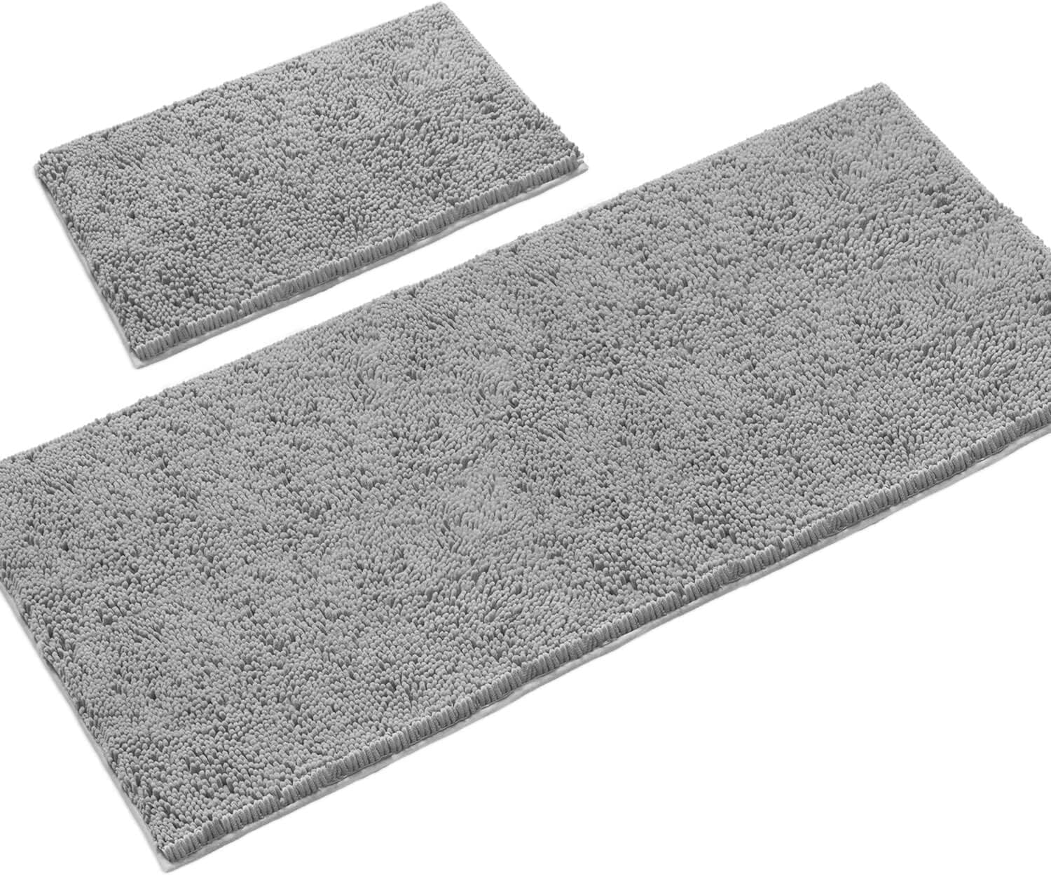 LuxUrux2-Piece Bathroom Rug Set - Ultra-Plush Chenille Mats, Includes Runner Rug, Soft, Absorbent, Non-Slip & Stylish (27x47 & 16x24 inches, Light Grey)