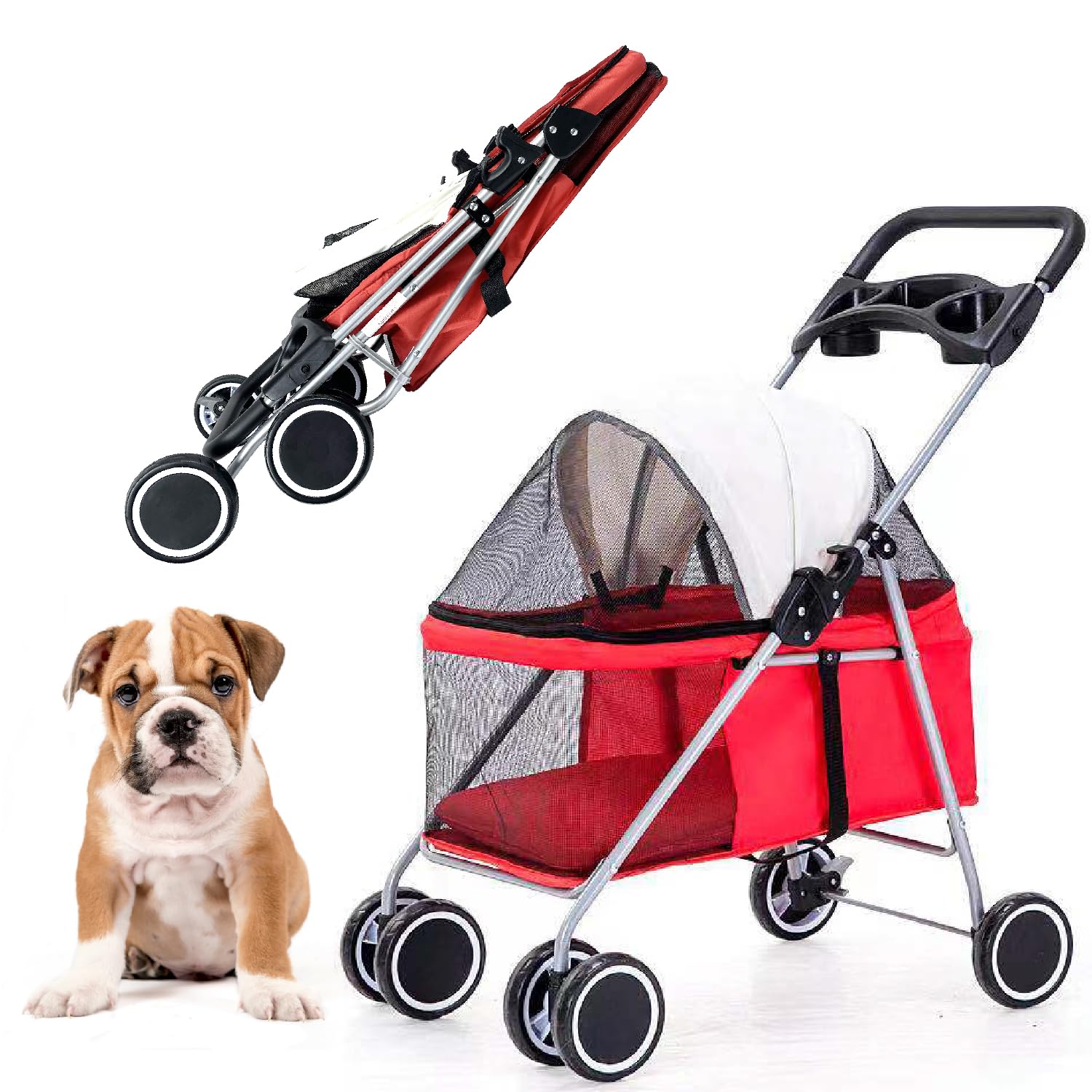Photo 1 of 4 Wheels Posh Foldable Pet Stroller for Medium Small Dogs/Cats, Easy Fold, Waterproof Portable Dog Cat Stroller for Travel Shopping, with Large Pocket, Cup Holder,up to 33lbs(Red)
