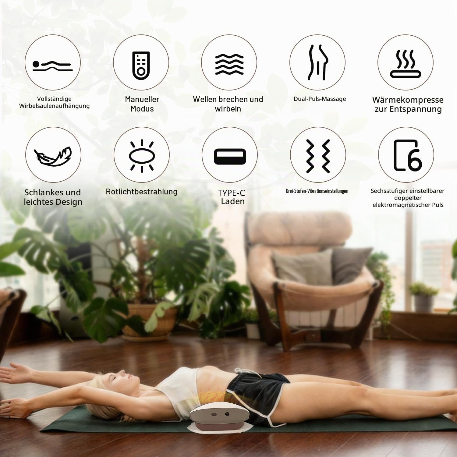 Elektrischer Rückenmassagegerät, 4 in 1 Kabelloses Rückenstrecker mit EMS Elektrotherapie, Hotpacks, Vibration und Airbag Traktion, 3 Stufige Einstellung Lendenwirbel Traktionsmassagegerät für Zuhause