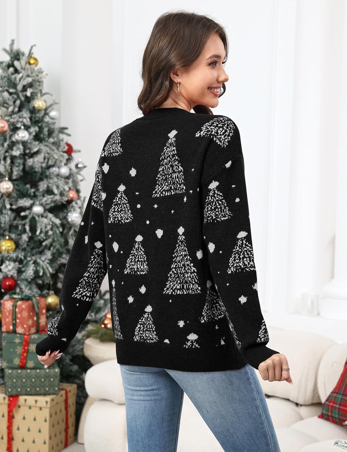 Gihuo Women’ s Christmas Sweaters Crewneck Pullover Xmas Knit Top 2025 Long Sleeve Christmas Tree Sweater - Image 4