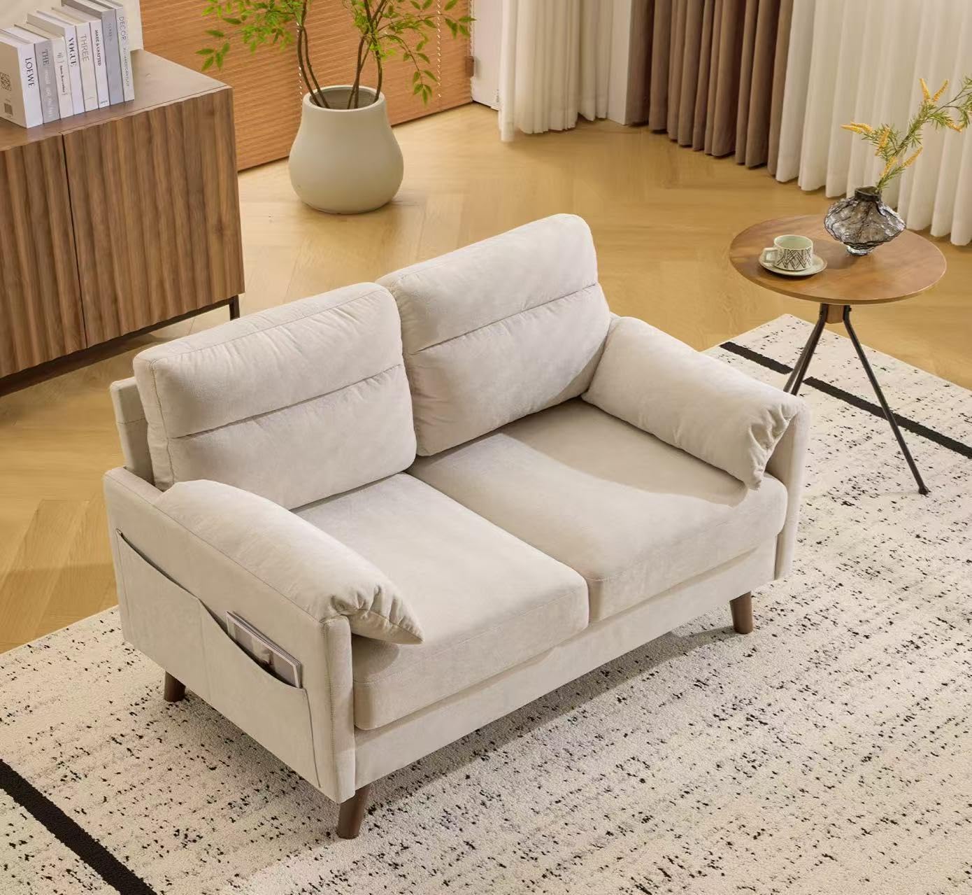 Bonnlo Divano con bracciolo per orecchie di elefante, poltrona a 2 posti, divano imbottito in lino, mobile con tasca laterale, per soggiorno, ufficio, camera da letto, 125 x 78 x 86 cm, beige