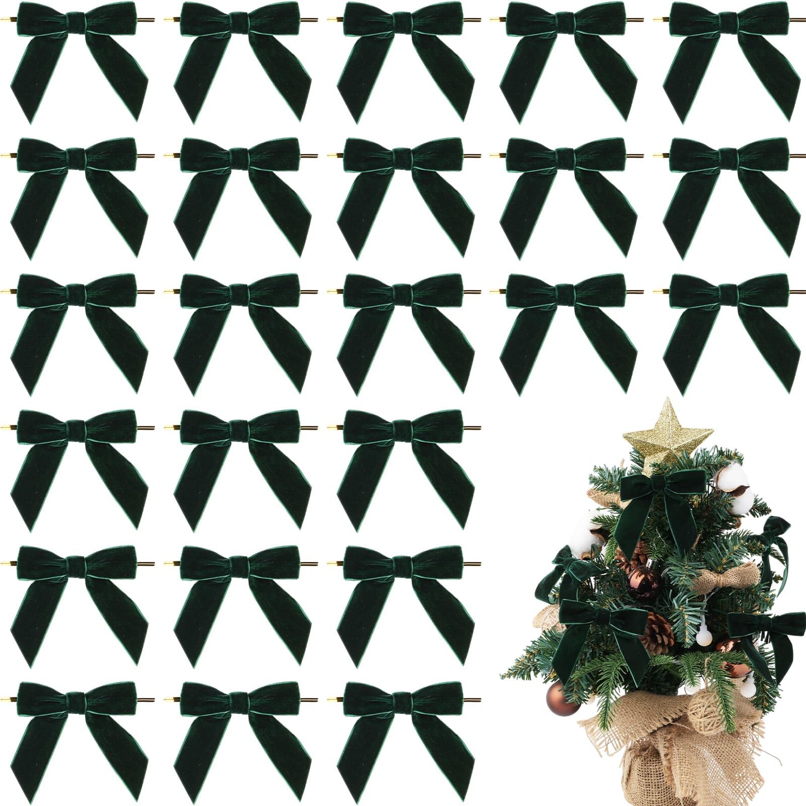 24 lazos de Navidad de terciopelo verde para árbol de Navidad y corona, 3.5 x 3.5 pulgadas, lazos de cinta de nailon de alta calidad con lazo de alambre giratorio, decoración de boda