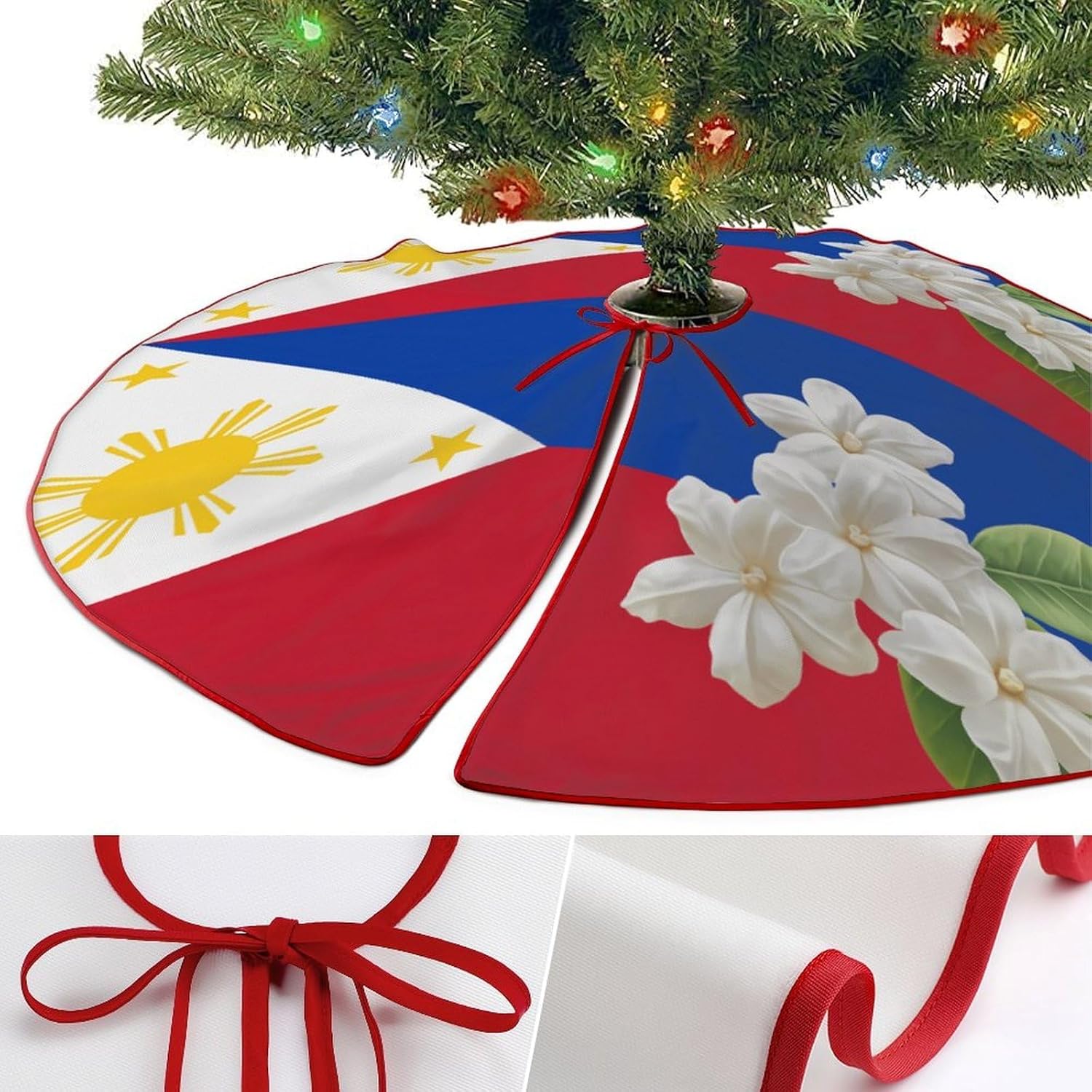 Philippines Flag Sampaguita Christmas Tree Skirt Funny Xmas Tree Skirts Mat Decorations for Holiday Party Decor 30" 36" 48"