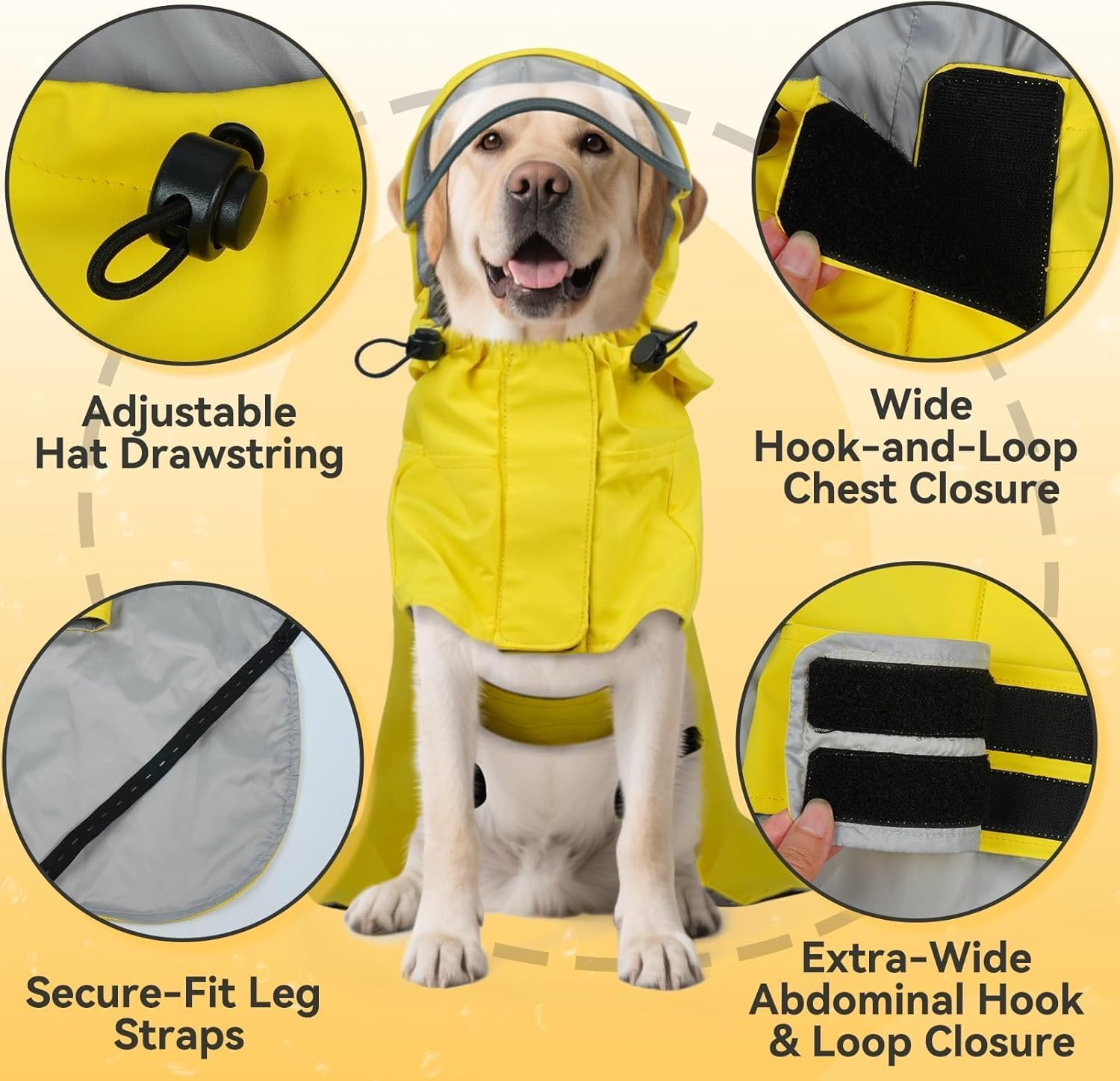Dora Bridal Dog Raincoat for Large Dogs, Adjustable Clear Hooded Dog Rain Jacket, Waterproof Dogs Rain Coat Poncho with Reflective Strips for Labrador, Golden Retriever, German Shepherd, Yellow,3XL