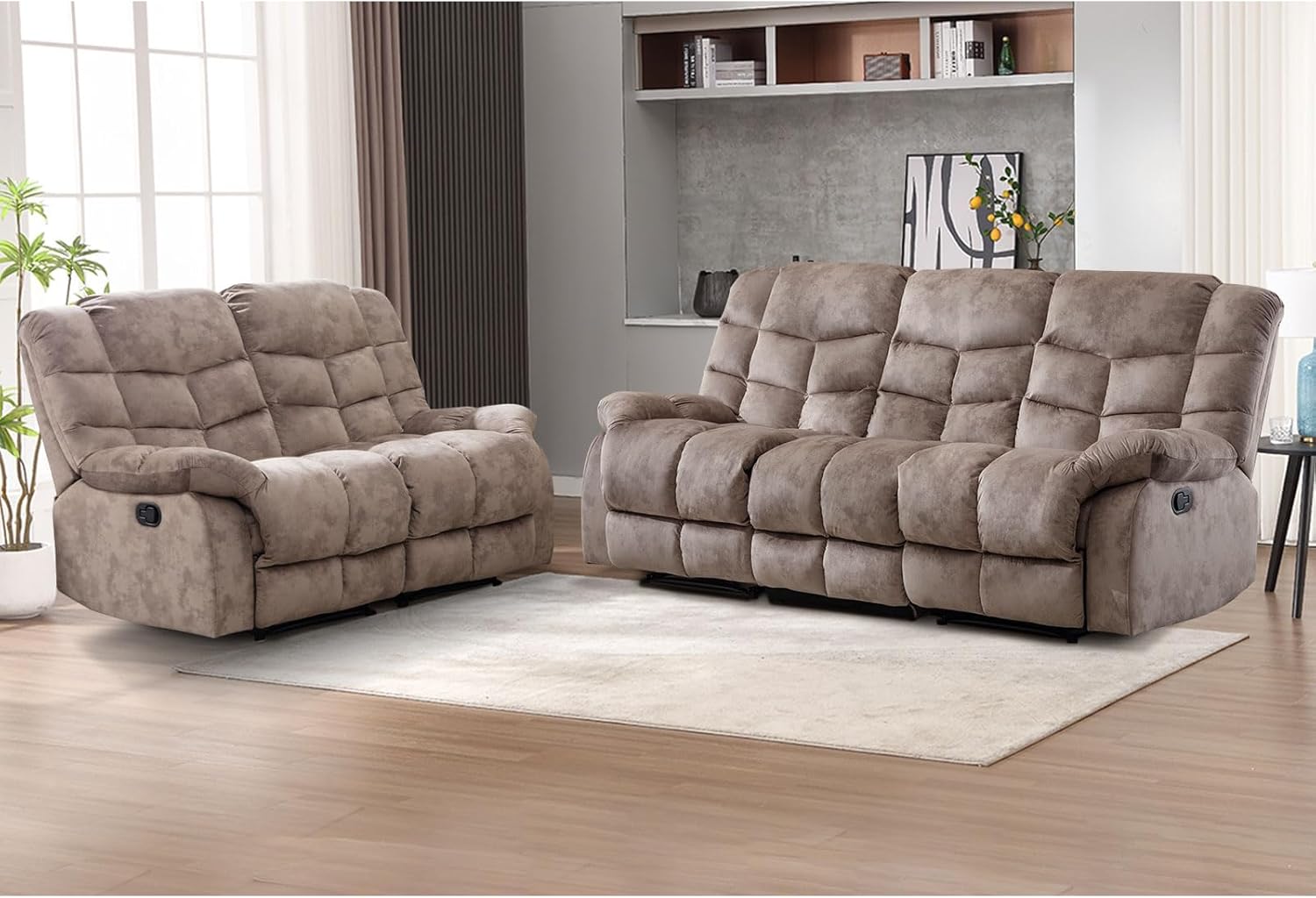 EBELLO Recliner Sofa Chair Furniture Set, Loveseat Reclining Sofa and 3PC Bonded Manual Recliner Set for Living Room, Light Brown(Loveseat+Sofa)