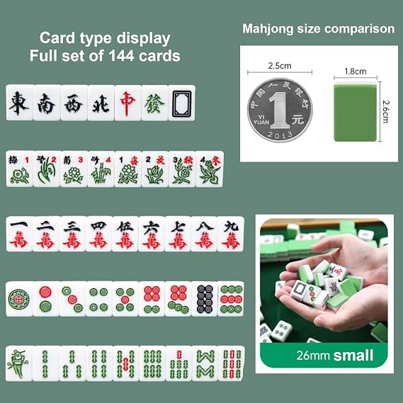 Foldable Mahjong Table with Mahjong Tiles Set, Portable Folding Mahjong Table with 144pcs 26mm Mahjong Set, Essential Tabletop Game for Outdoor Traveling Parties