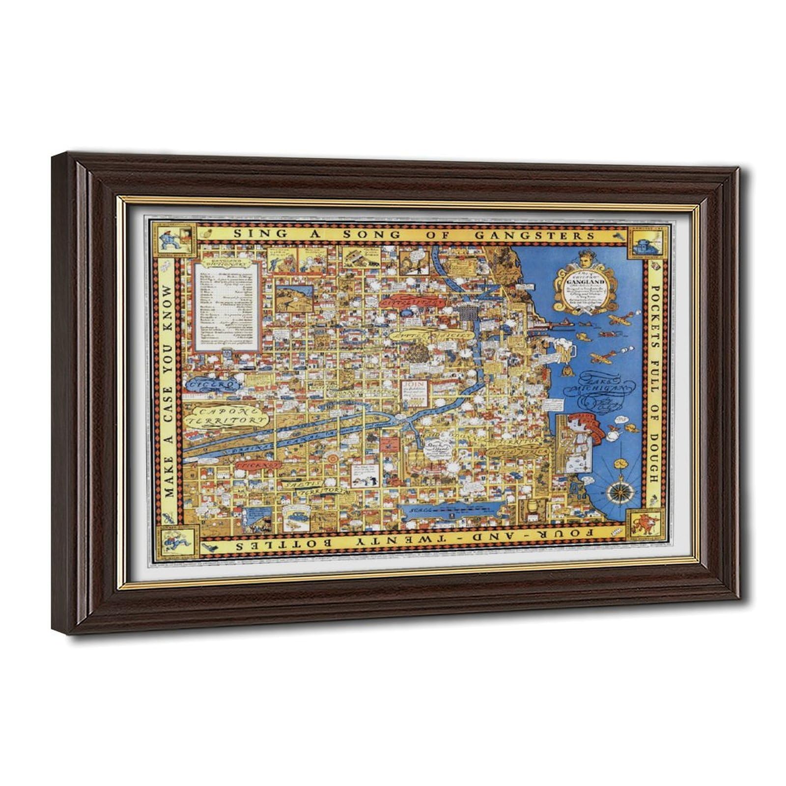 WCYB A Map of Chicago’s Gangland - Vintage Pictorial Gangster Map 1931 Prints Posters Canvas Deco Paintings Wall Art For Office Living Room Hangable Frame