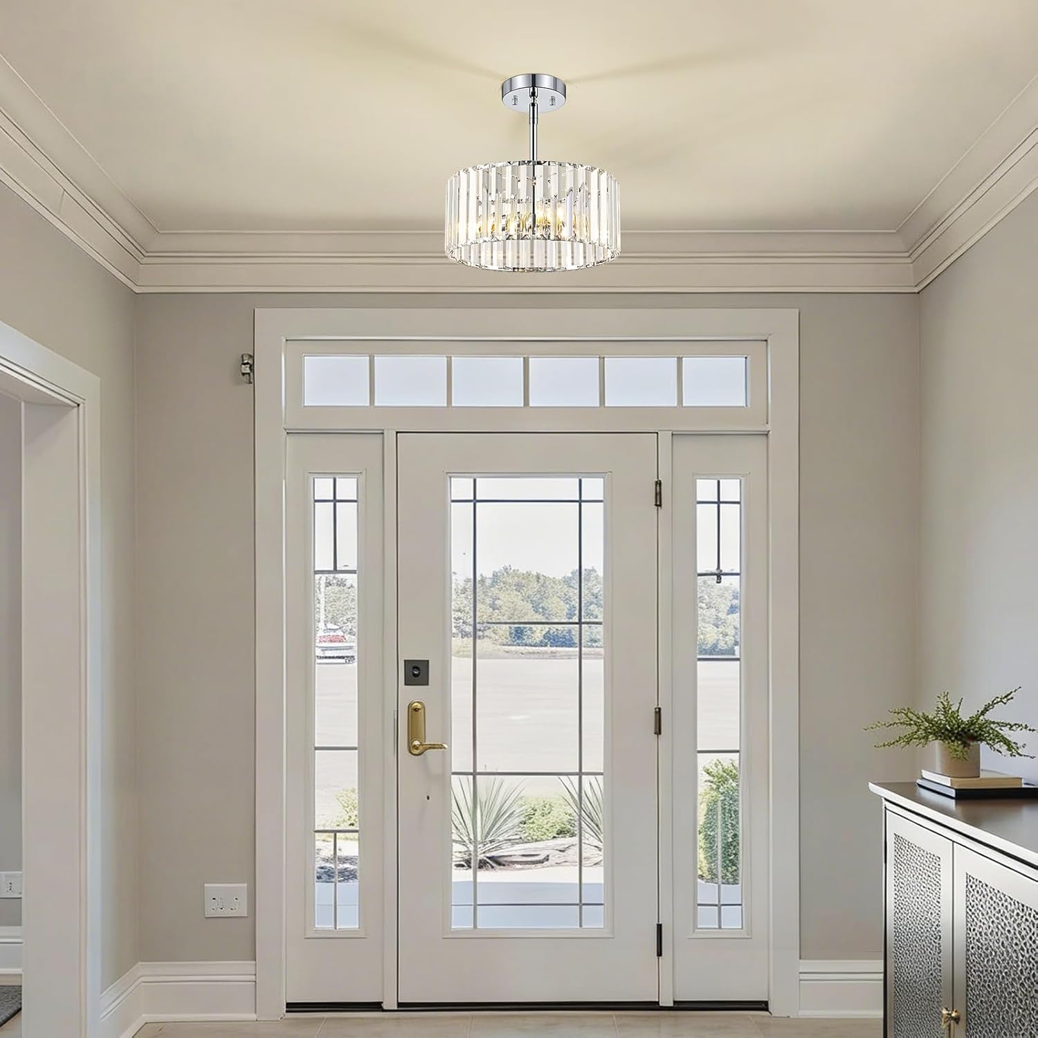 Chrome Crystal Chandelier, Small Modern Semi Flush Mount Ceiling Chandelier Light Fixtures, Round Hanging Lighting Fixture for Kitchen Bedroom Hallway Entryway Laundry Room, 3-Light, 11.8 Inch