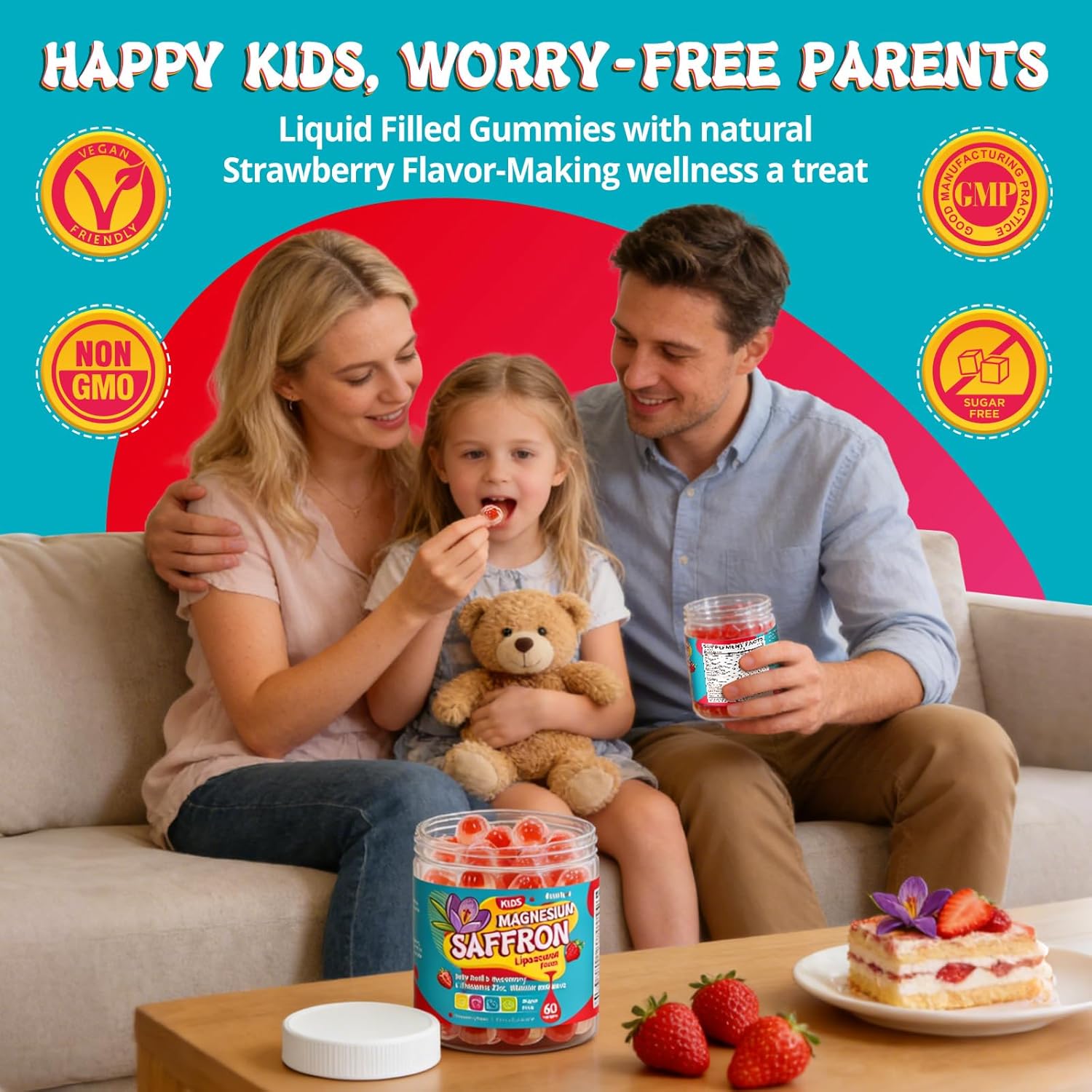 duwhot Saffron for Kids Gummies Sugar Free, Saffron Magnesium Supplement w/Holy Basil, Rosemary, Omega-3 & Vitamins for Happy Kids, Brain, Energy & Vision Support, Vegan, Organic, 60 Chewables