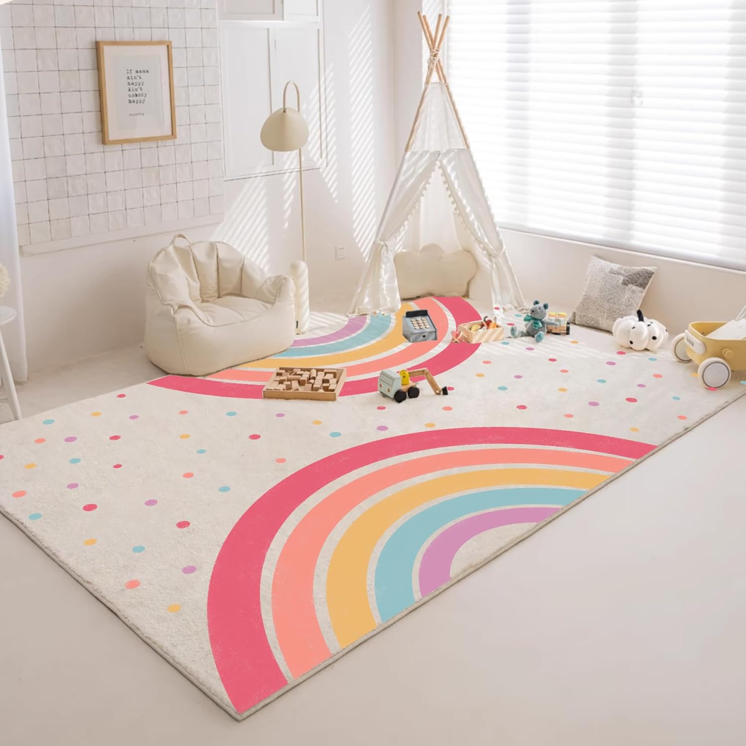 Rainbow Kids Rug,2.6x4 Ft Washable Kids for Playroom Tent Castle,Non-Slip Colorful Rug for Classroom,Soft Nursery for Bedroom Reading Nook Décor(Pink Rainbow, 32"x47")