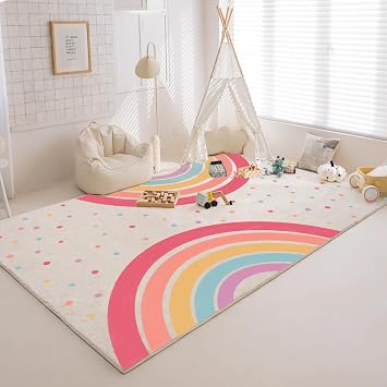 Rainbow Kids Rug,3.5x5 Ft Washable Kids Rug for Playroom Tent Castle,Non-Slip Colorful for Classroom,Soft Nursery for Bedroom Reading Nook DecorPink Rainbow, 39"x59"