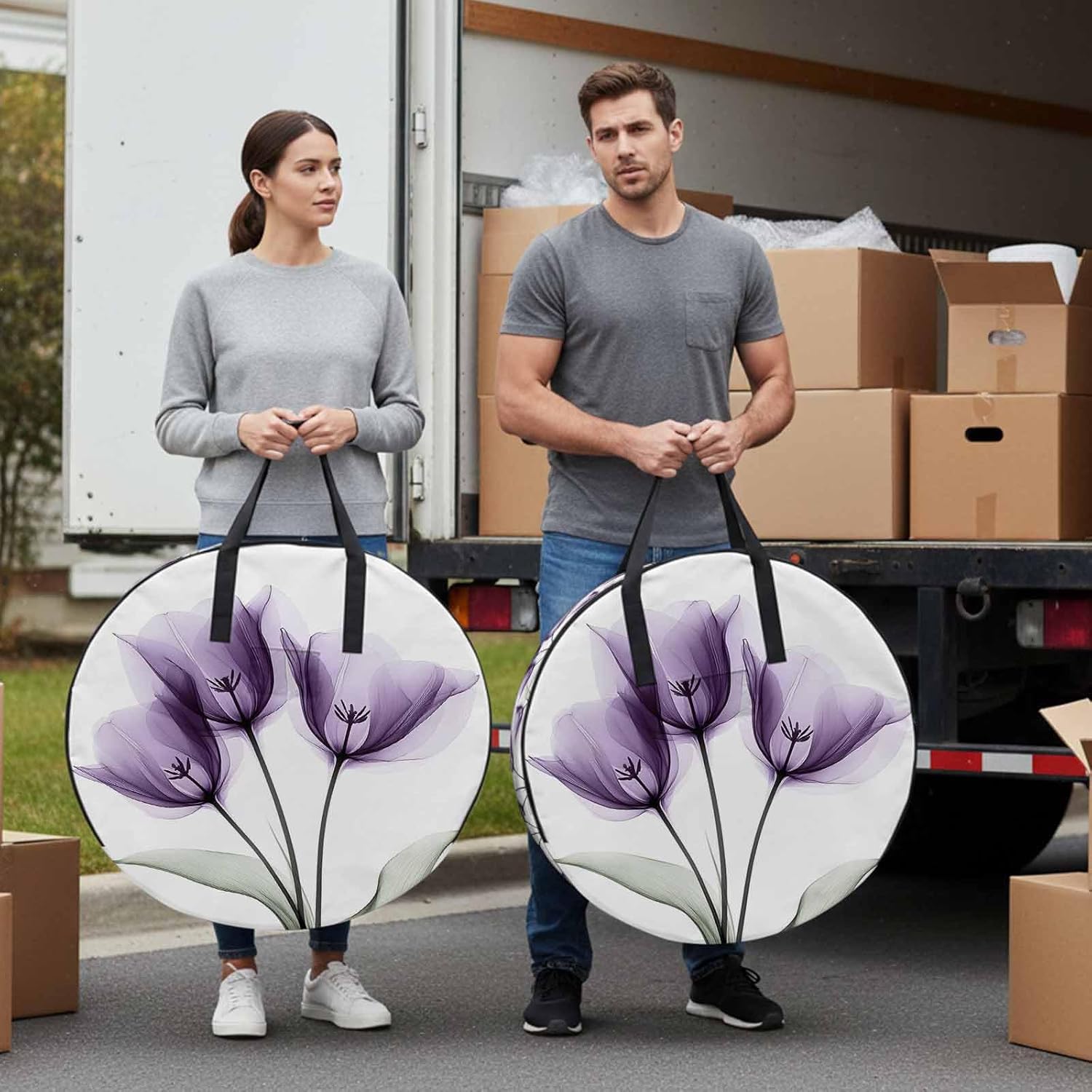 Retro Spring Round Storage Bag 36 Inch, Purple Tulip Flower Leaf Floral Clothes Storage Container with Handles Heavy Duty Organizer for Comforter, Bedding & Holiday Wreaths