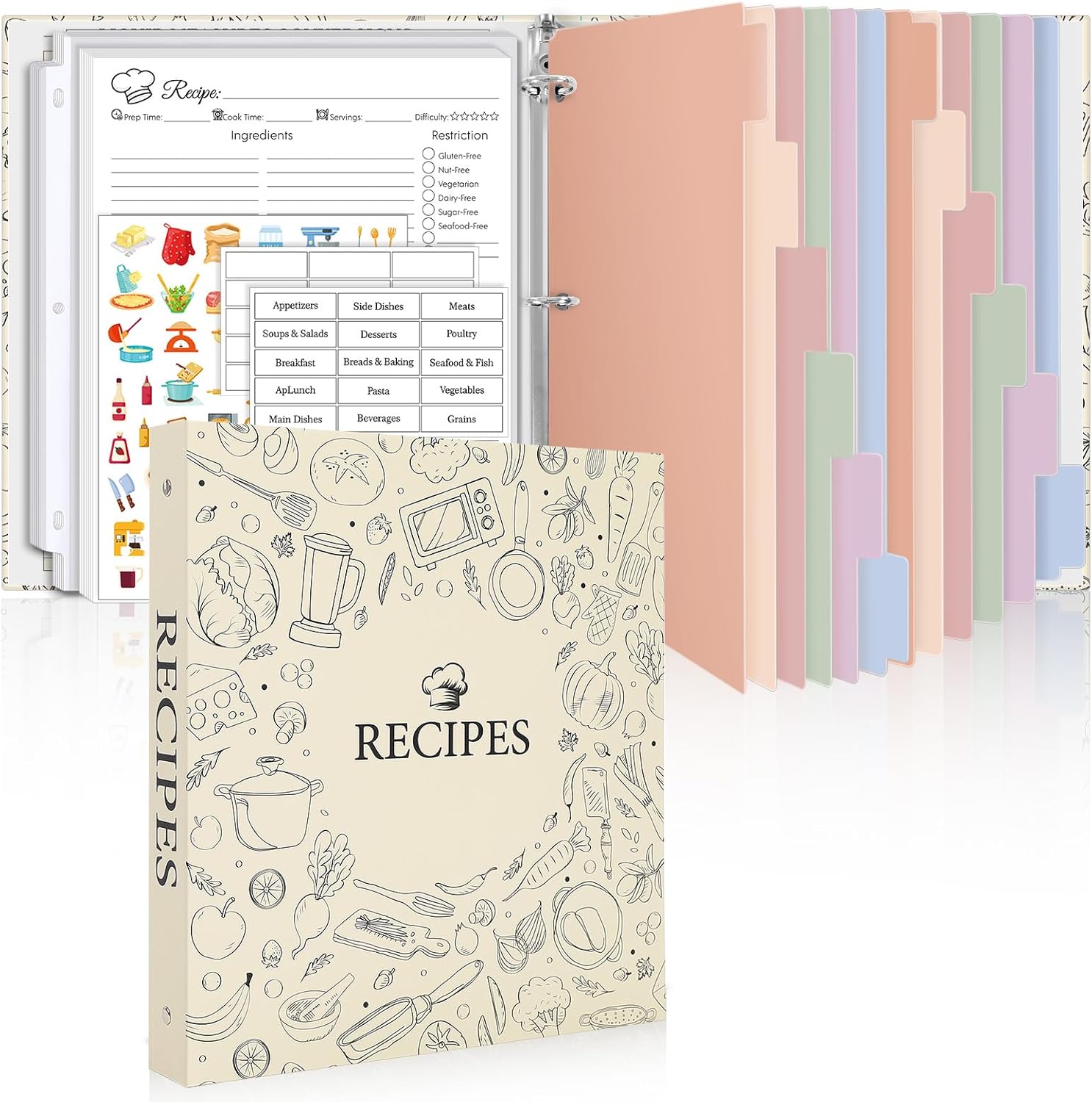 Recipe Binder 8.5x11 3 Ring, 1" Round Rings, Recipe Book to Write in Your own Recipes, Recipe Binder with 60 Plastic Sleeves, 12 Dividers, 60 Blank Recipe Cards, Family Recipe Organizer