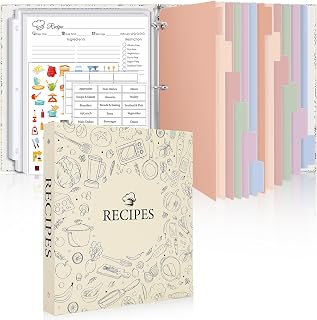 SKYDUE Recipe Binder 8.5x11 3-Ring: 60 Plastic Sleeves, 12 Dividers, 60 Blank Cards, Labels & Family Organizer