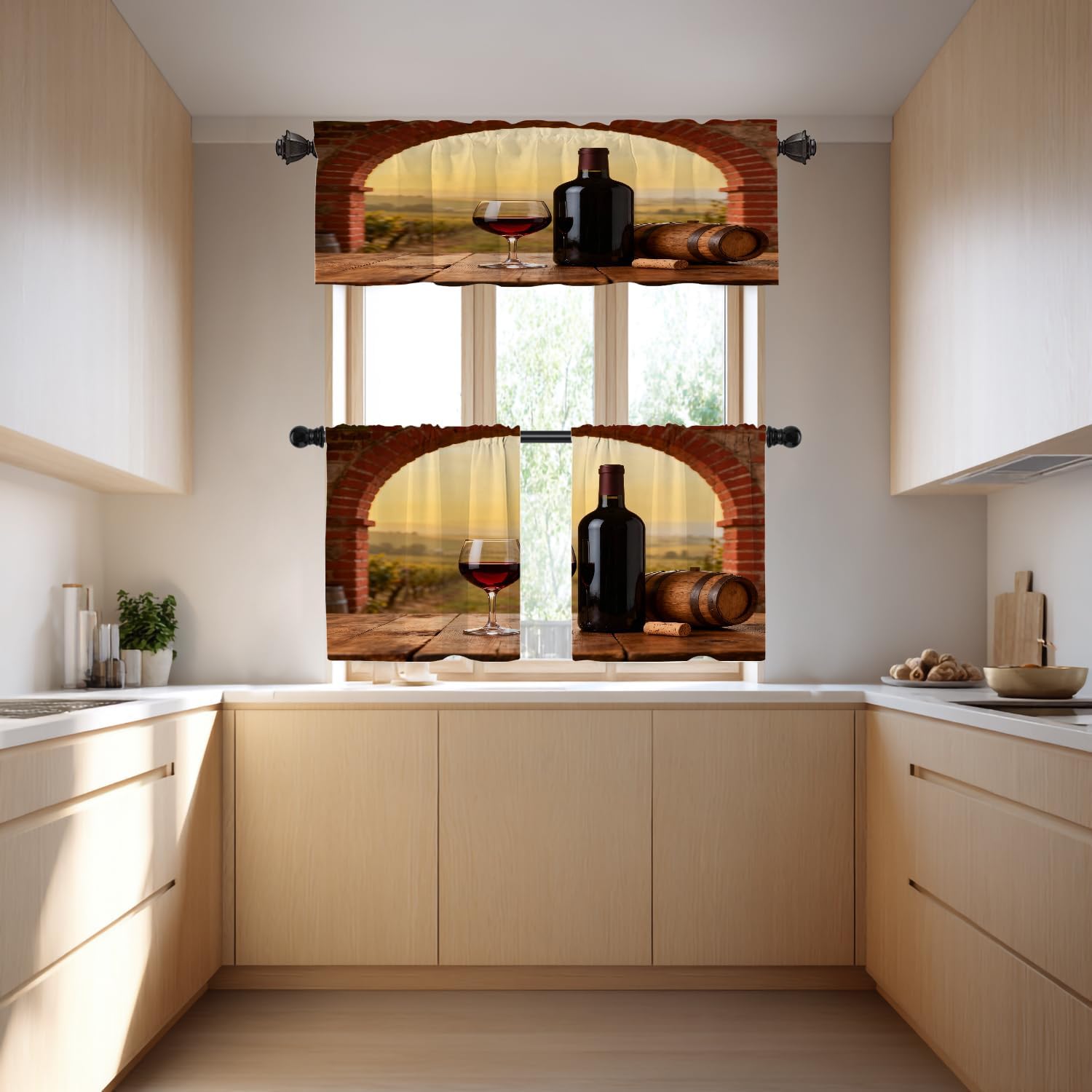 Red Romantic Wine Kitchen Valances for Windows,Khaki Elegant Wine Glass Blackout Valances Curtains Multilayer Polyester Drapes for Kitchen Bedroom 2 Pack 52X16 Inches