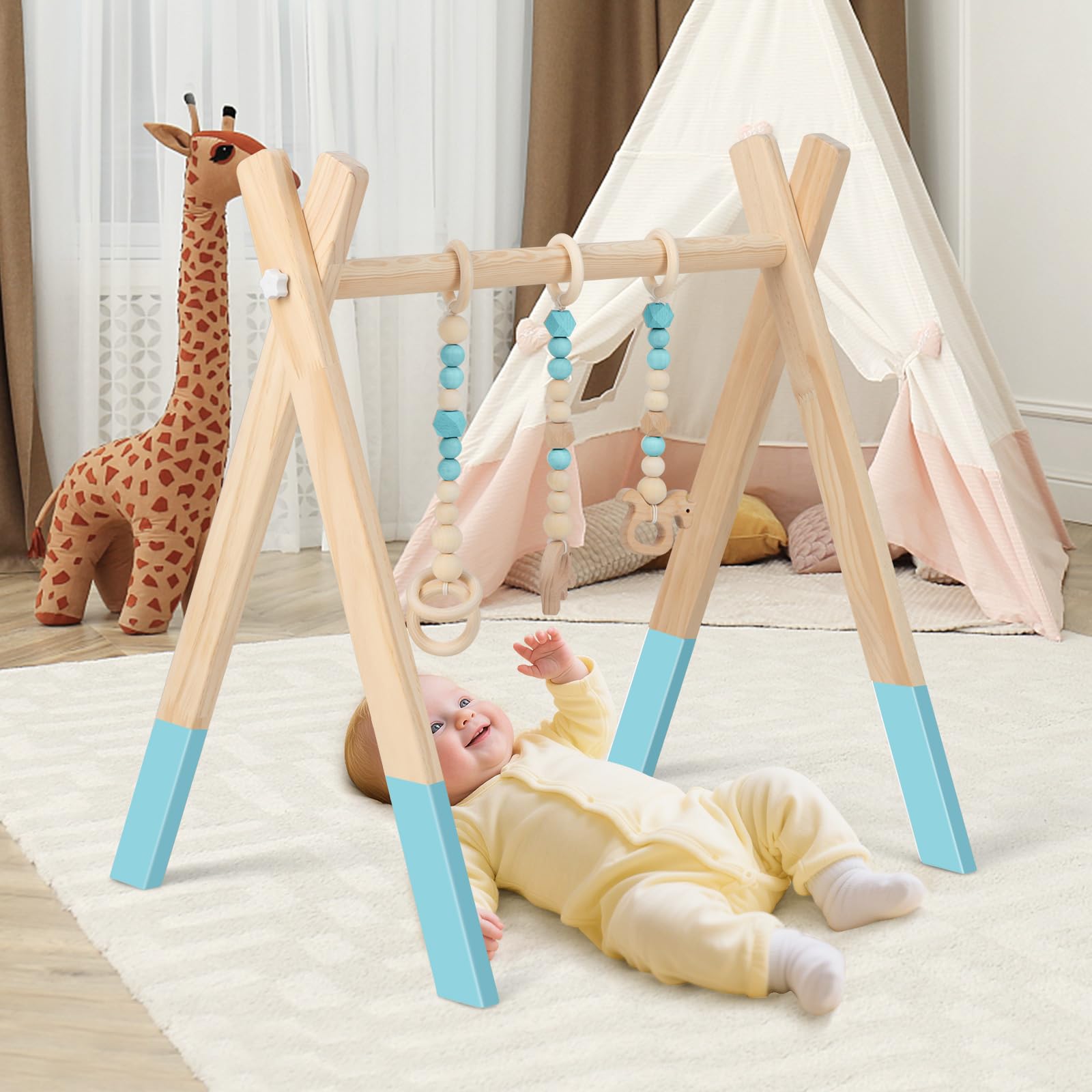 COSTWAY Baby Spielbogen Holz, Spieltrapez klappbar, Baby Gym mit 3 abnehmbaren Kinderspielzeugen, Spieltrapez für Babys über 3 Monate, Holzspielzeug zur Gehirnentwicklung (Grün)