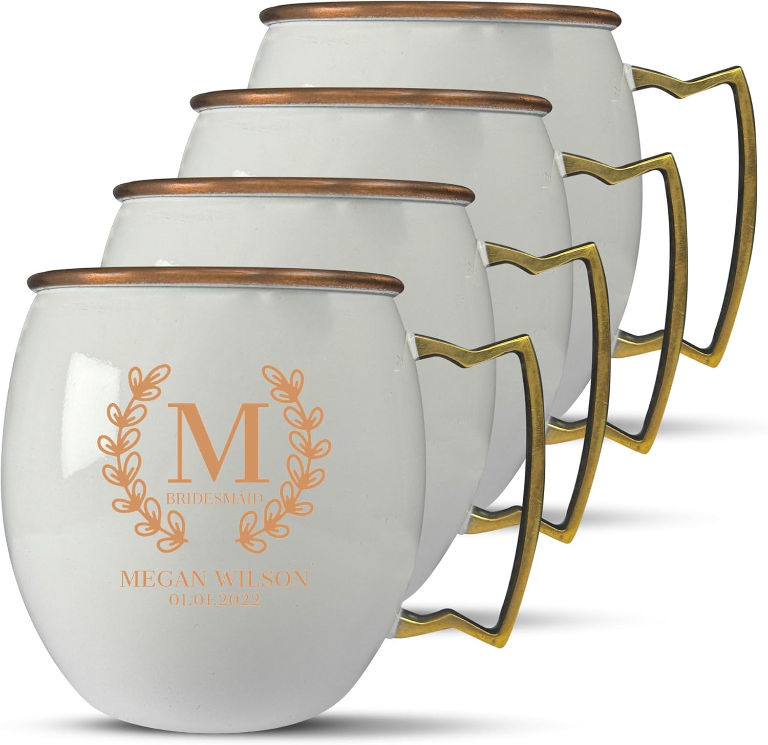 Custom Copper Moscow Mule with Smooth Painted Finish - Engraved Bar Style 100% Copper Cup with Personalized Wedding Crest Monogram Wedding Themed Engraving, Brass Handle | 18 oz, Pink | Set of 2