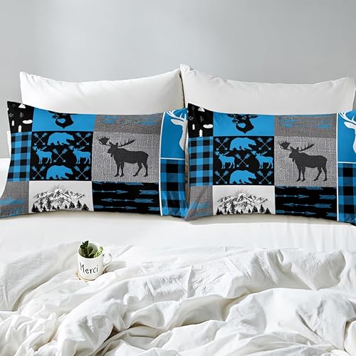 Miniatura 43 de Sábana bajera ajustable de oso de caza, juego de ropa de cama a cuadros de búfalo, sábanas de retazos de cabaña rústica para niños, niños, Multi