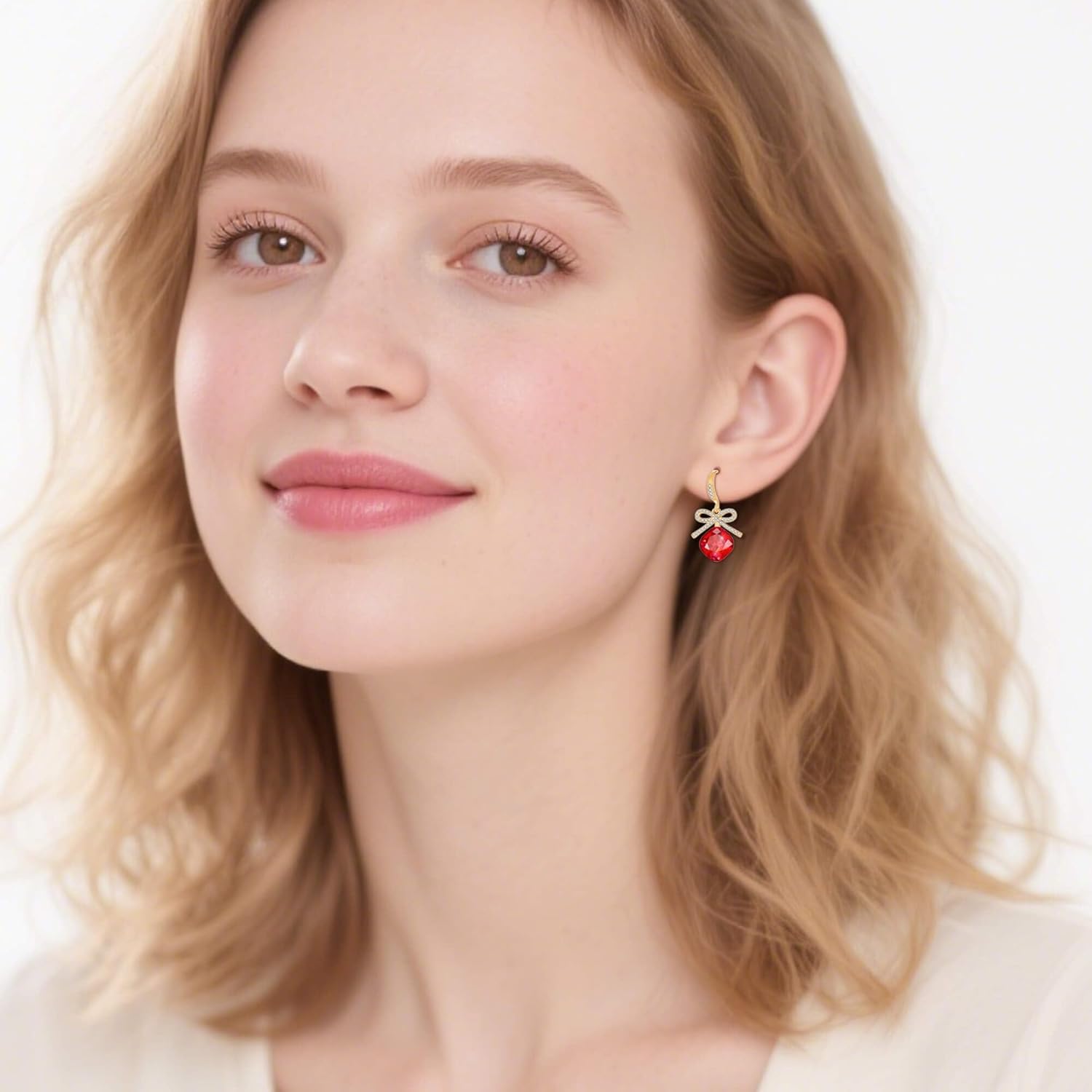 EVEVIC Austrian Crystal Cushion Bow Drop Earrings for Women 14K Gold Plated Hypoallergenic Dangle Earring Jewelry Gifts - Image 4