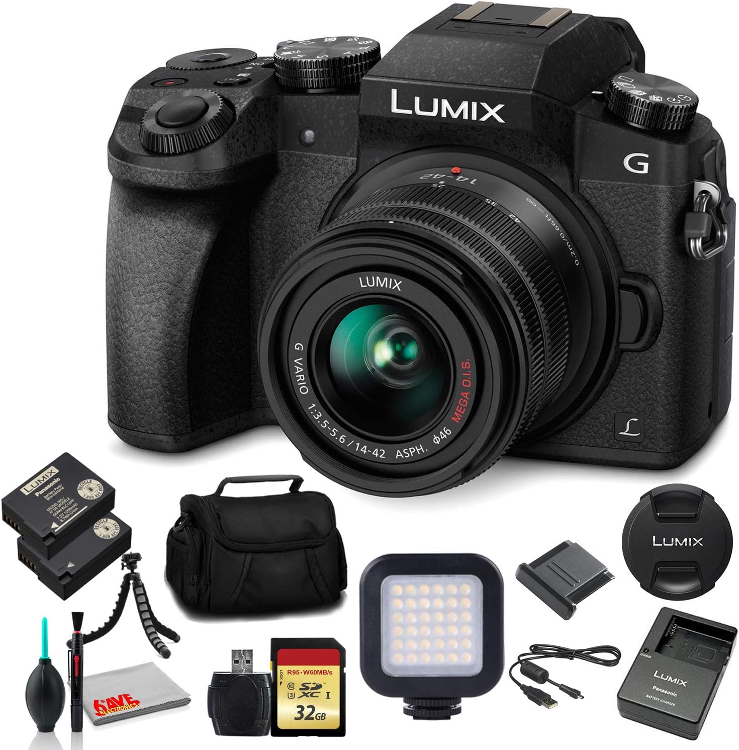Panasonic Lumix DMC-G7 Mirrorless Digital Camera with 14-42mm Lens (Black) (DMC-G7KK) - Bundle - with LED Light + DMW-BLC12 Battery + 32GB Memory Card + Soft Bag + 12 Inch Flexible Tripod + More