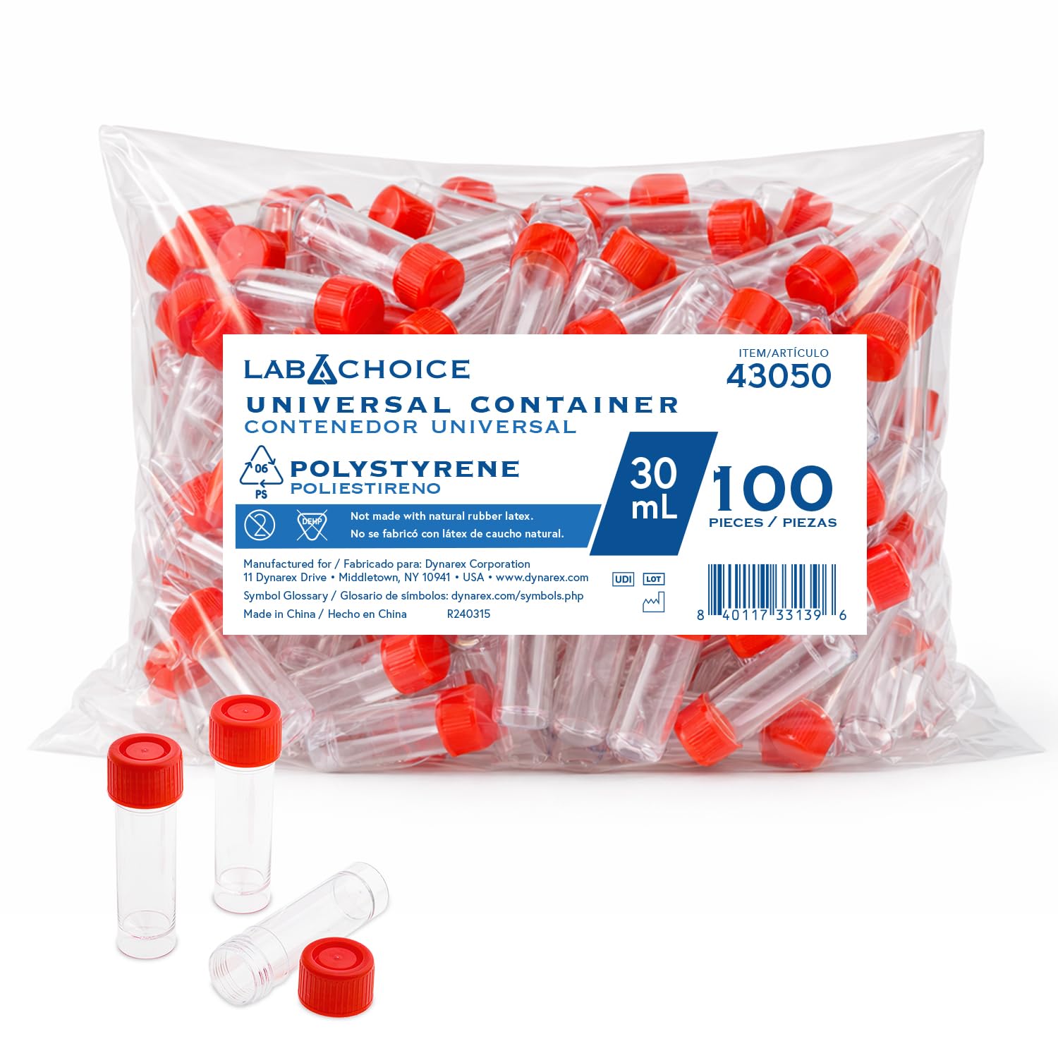 Dynarex LabChoice Universal Containers - Polystyrene - 30 mL Specimen Vial with Screw-On Cap - Solid and Liquid Sample Collection - 100 per Bag