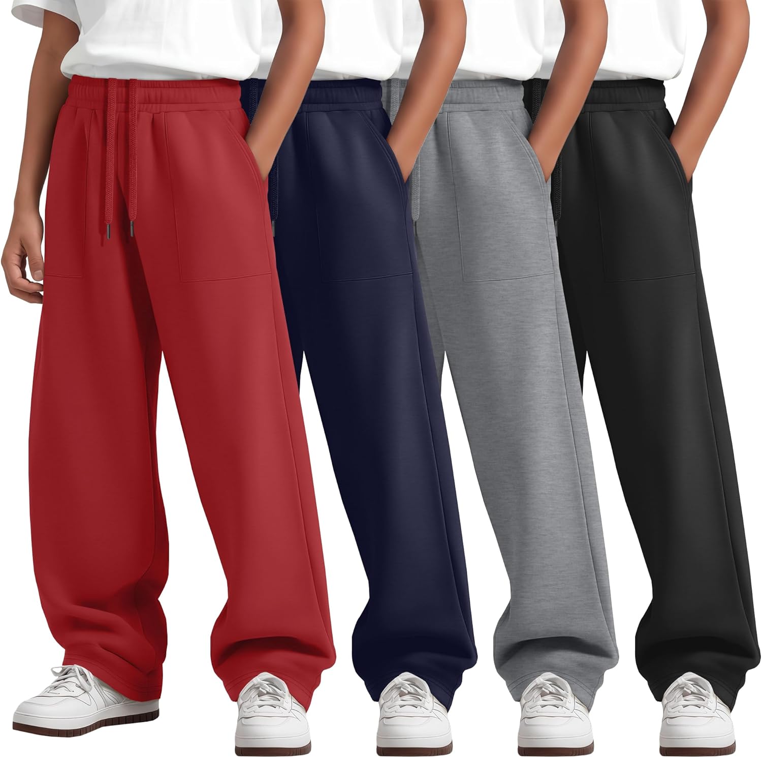 4 Pack Boys Baggy Sweatpants Straight Leg Athletic Elastic Waist Pants Open Bottom Joggers with Pockets 6-16 Years