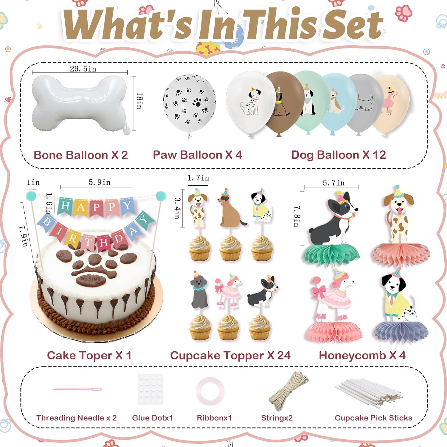 Dog Birthday Party Decorations, Favones Dog Theme Decor Set Happy Birthday Banner Plates and Napkins Party Supplies Puppy Tablecloth Paw Balloons Cupcake Toppers for Boys and Girls Serves 24