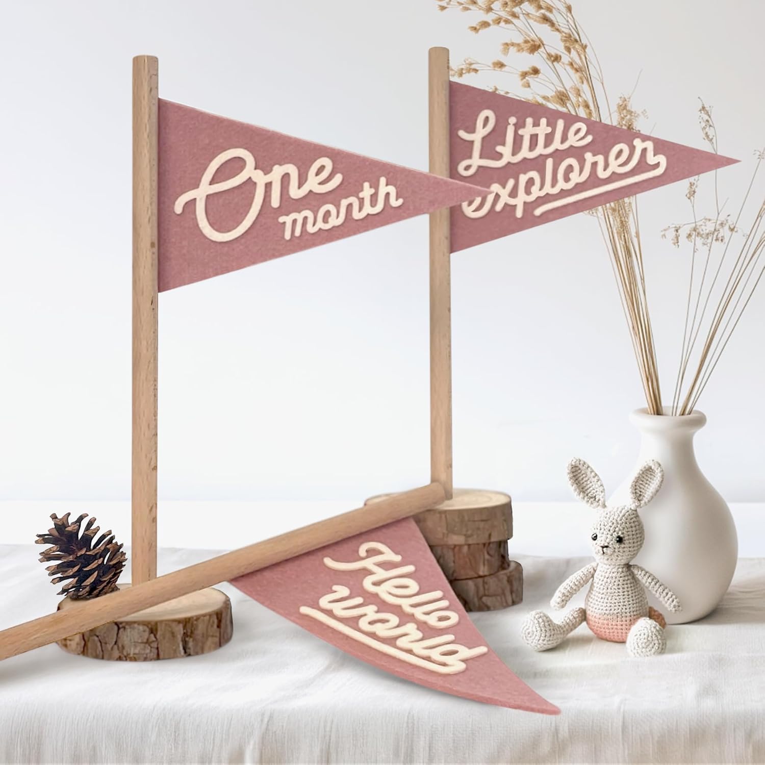 Baby Monthly Milestone Pennant Flag Signs | Natural Wood and Soft Felt | Baby First Year Photo Props, Nursery Decor, Newborn Birth Announcement, Baby Shower, Newborn Gift, Pregnancy Journey, Keepsake (Pink)