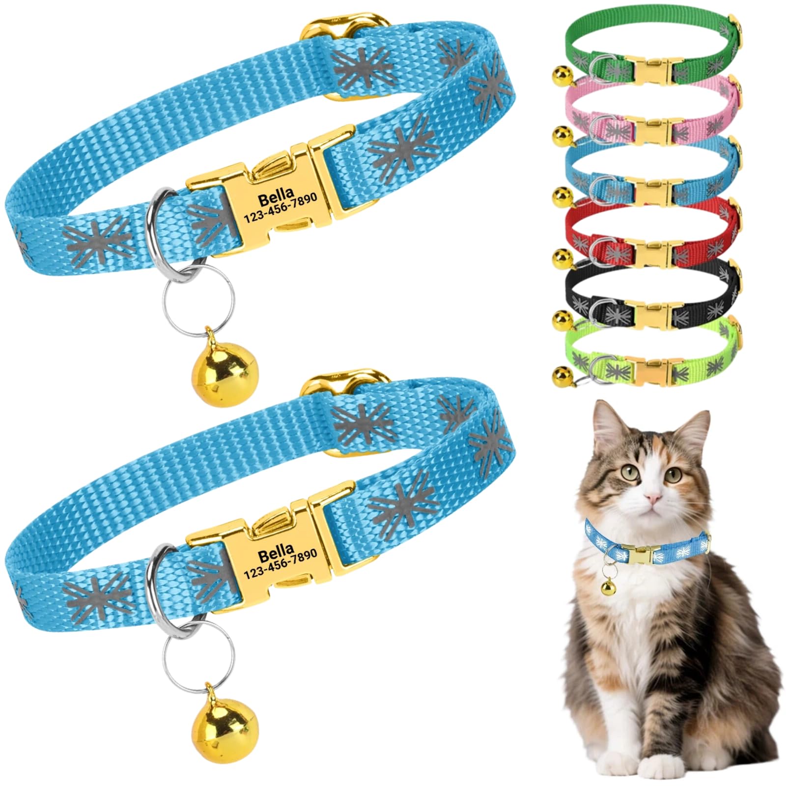 2 Pack Personalised Cat Collar with Custom Engraved Name Tag Quick Release Metal Buckle Reflective Kitten Collar with Bell Adjustable 19-29cm for Boys and Girls (Blue+Blue) โ image 1