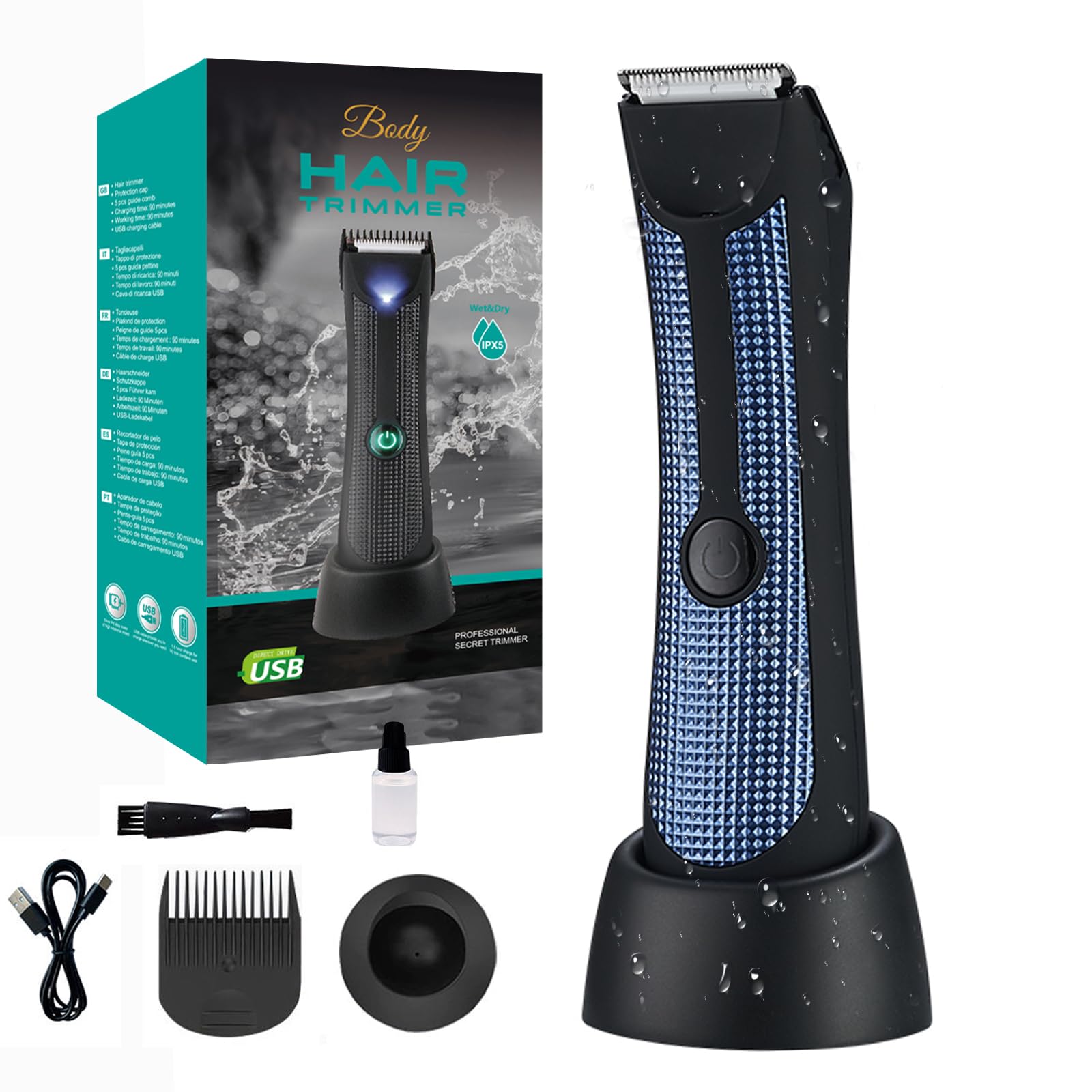 Electric Body Hair Trimmer - Electric Razor-Shaver for Balls/Pubic/Groin/Legs/Chest Wet/Dry Shaver Groomer, Ceramic Blade Heads, USB Recharge Dock,Gifts for Him Dad 810 Blue