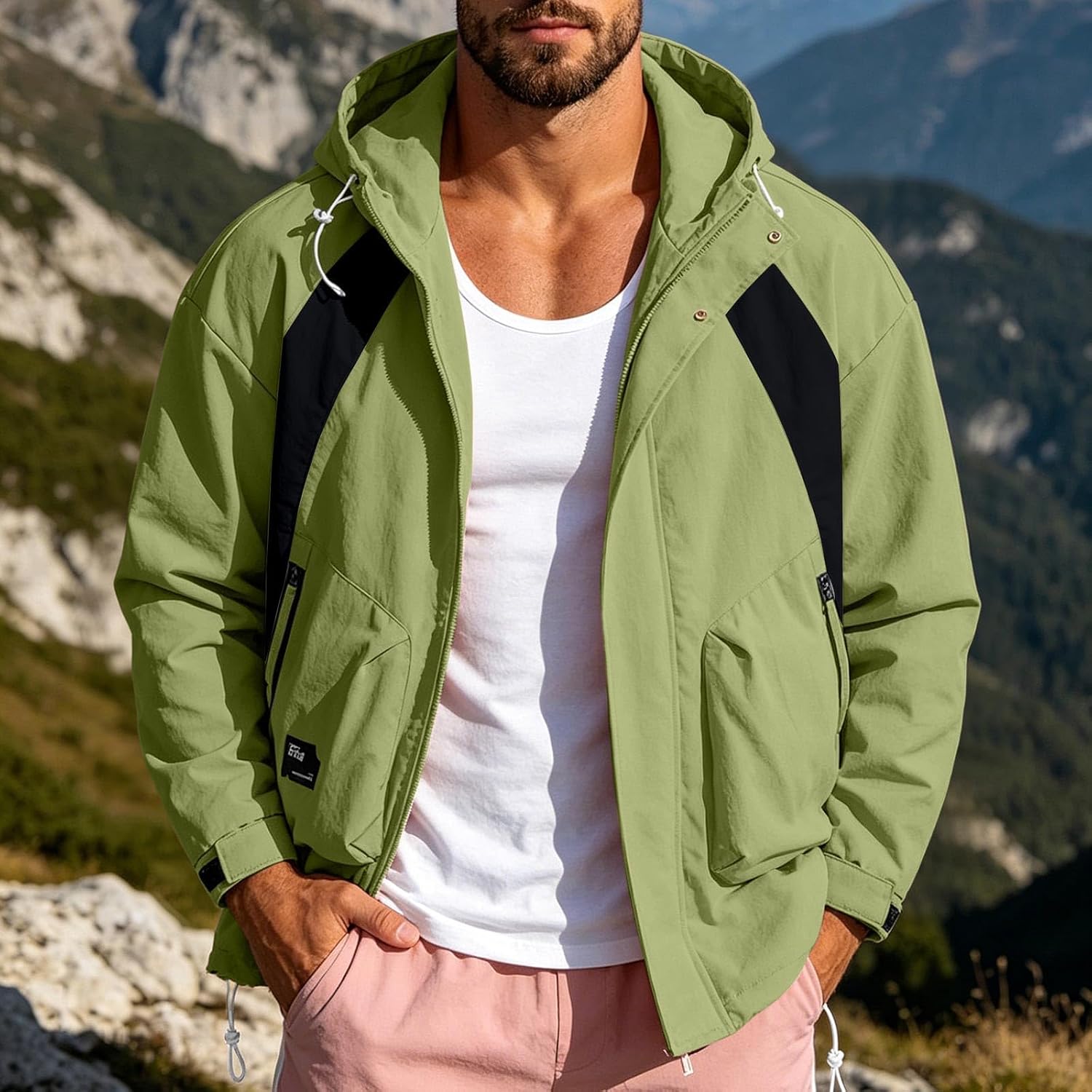 Windbreaker Jacket Men Waterproof Hoodie Zip Up Long Sleeve Pocket Coat