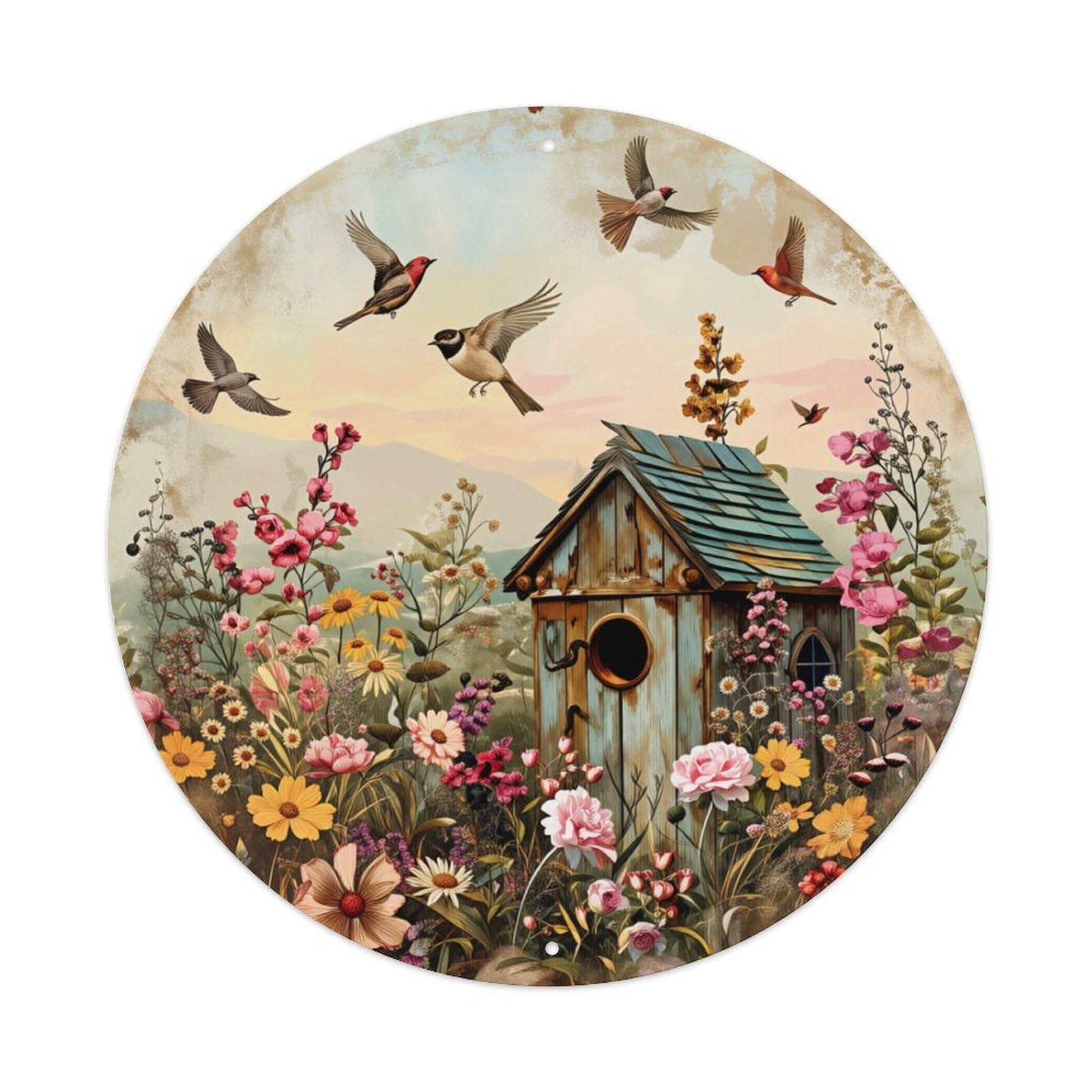 Birdhouse Garden Floral Birds Sky Round Tin Sign Retro Metal Sign for Cafe Bar Pub Home Game Room Gym Club Wall Decoration Vintage Metal Poster 8x8 Inch