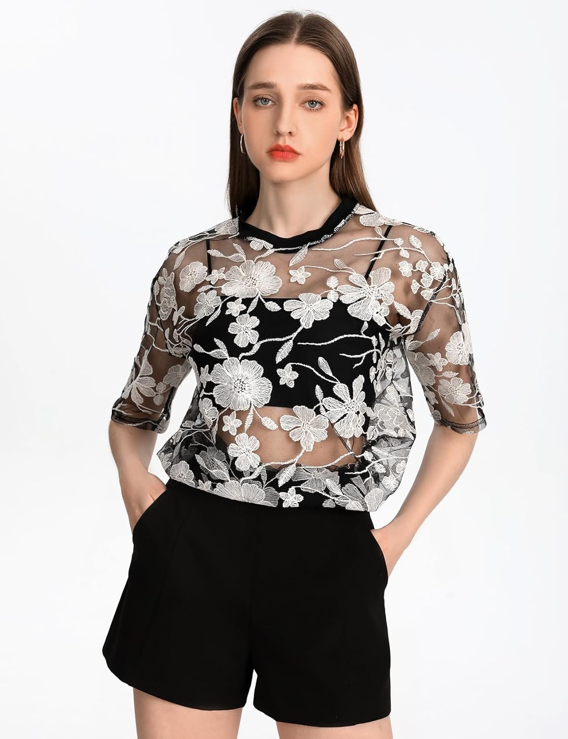 Wyeysyt Lace Tops for Women Mesh Top Short Sleeve Floral Embroidered Sheer Blouse See Through Lace Layering Shirts - Image 5