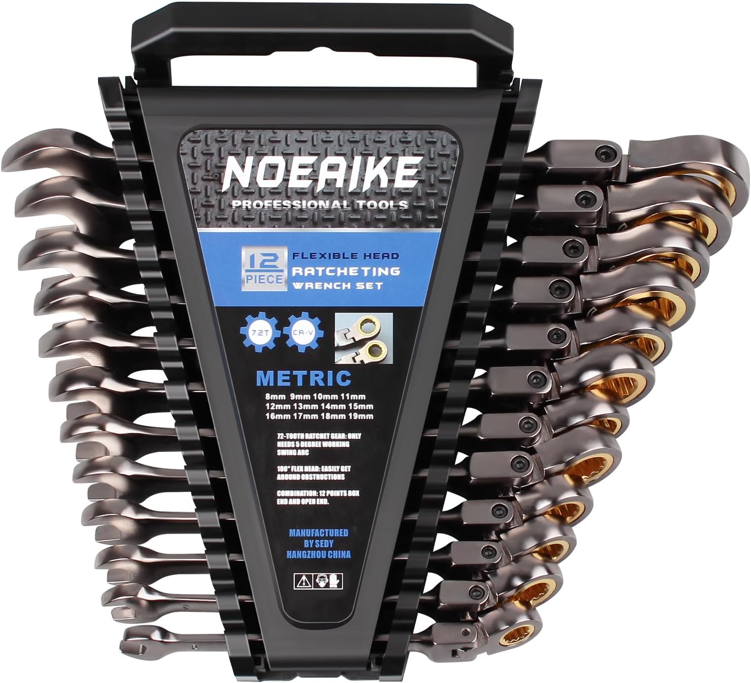 Ratchet Wrench Set Metric Flex Head Combination Ratchet Mechanic Wrench Set 8-19mm with Organizer 72 Teeth CRV Steel Black Nickel Plating 12 Pcs