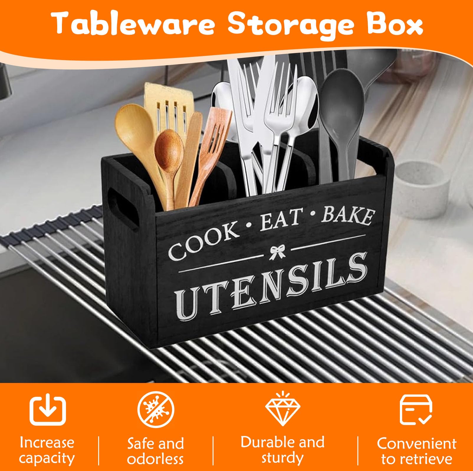 Portautensili da cucina con 3 Scomparti & Fori Drenaggio, Organizer Utensili Legno Porta Mestoli, Scatola Immagazzinaggio Stoviglie Organizzatore Posate per Tavoli, Piani Lavoro, Bacchette, Forchette