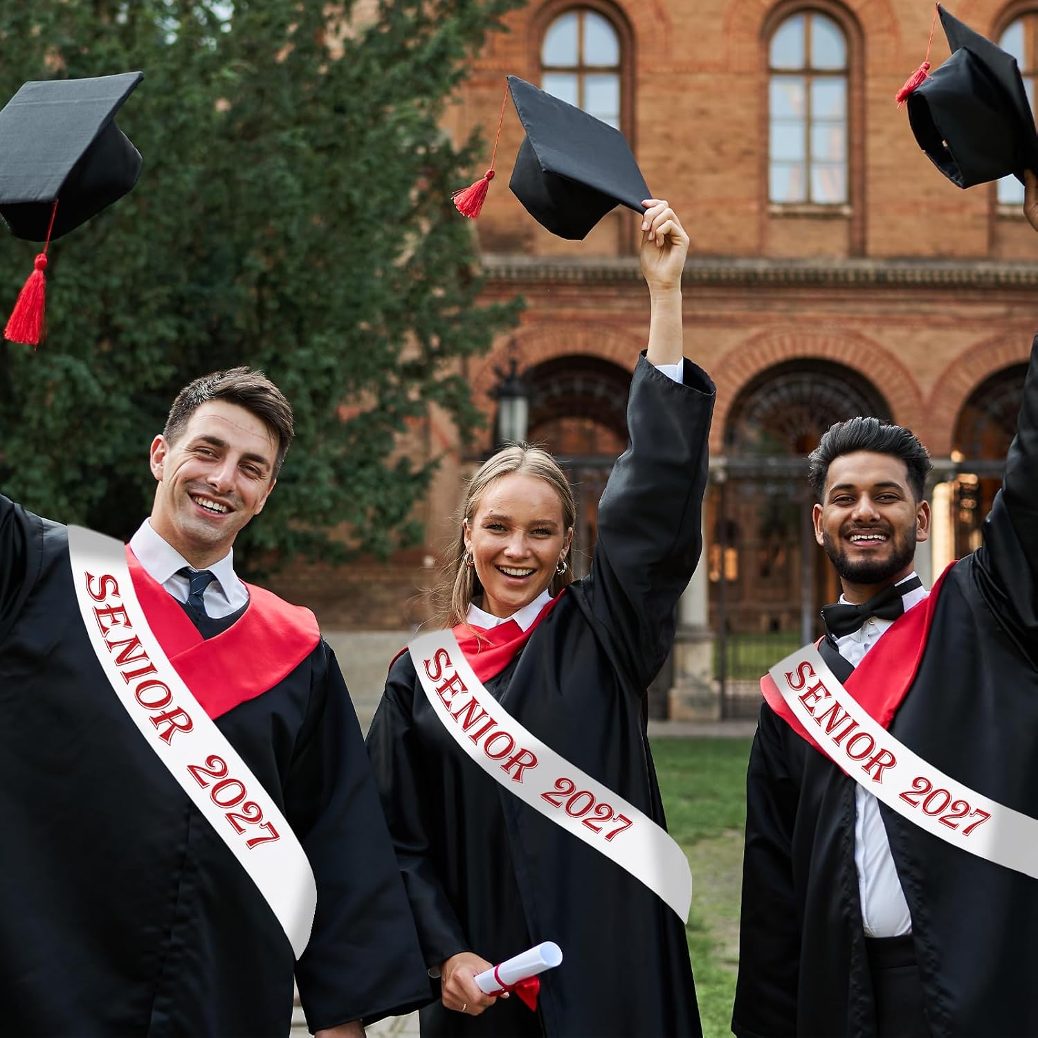7 Pcs Senior 2027 Sashes, White Satin with Red Printing Letters